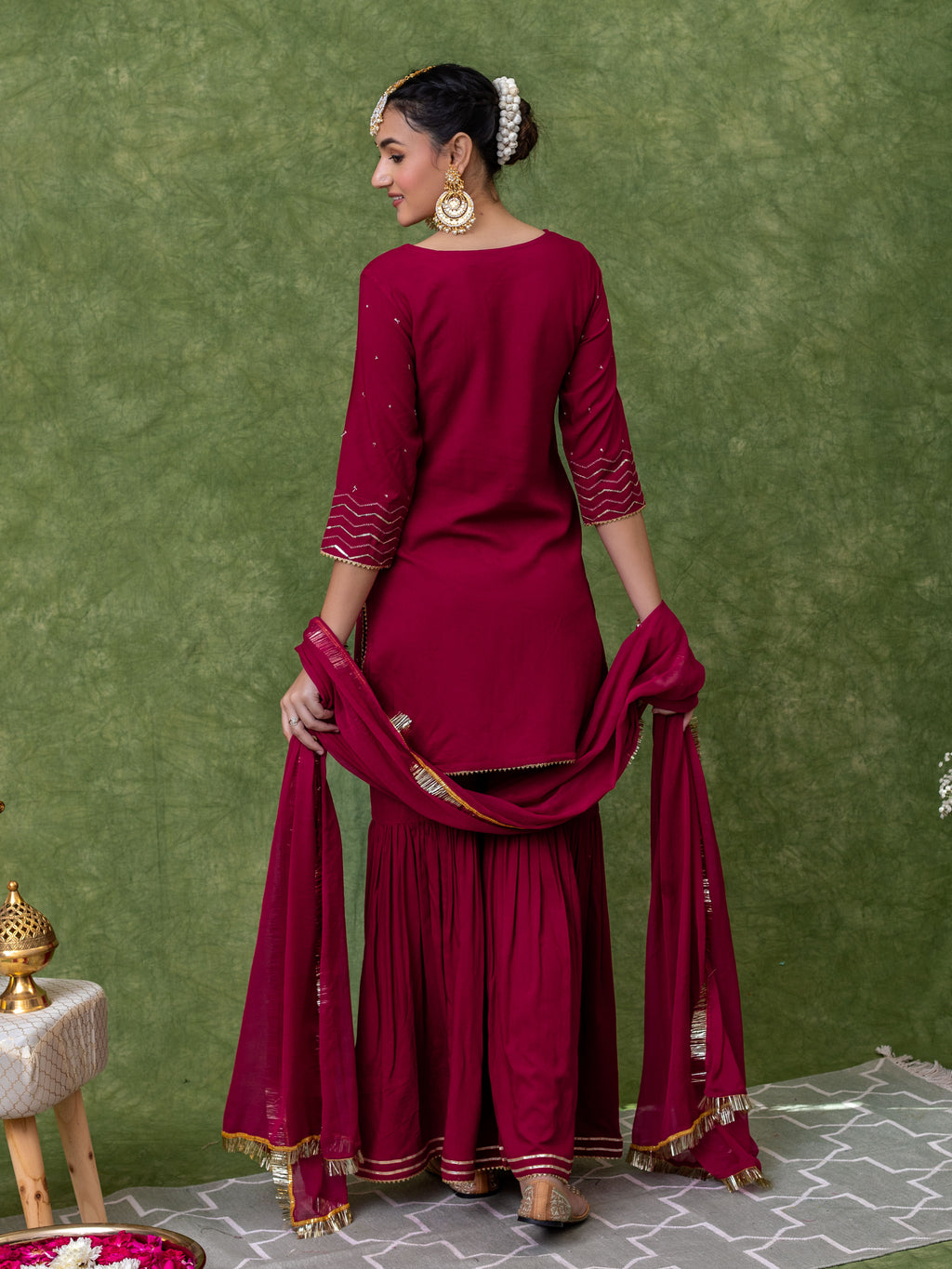 Sequin Embroidered Maroon Kurta with Sharara and Dupatta (Set of 3)