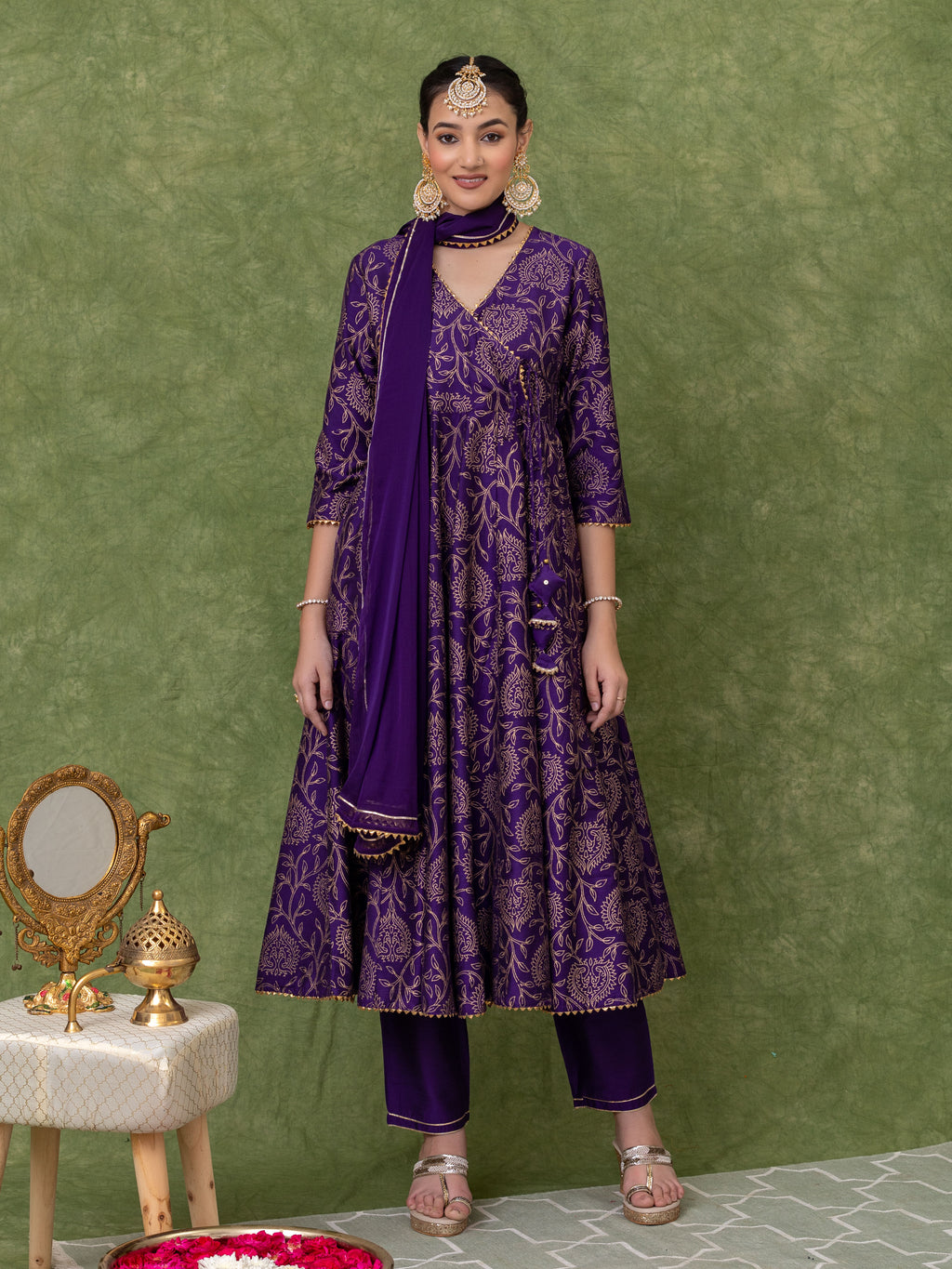 GOLD PRINTED PURPLE ANARKALI KURTA WITH PANT AND DUPATTA (SET OF 3)