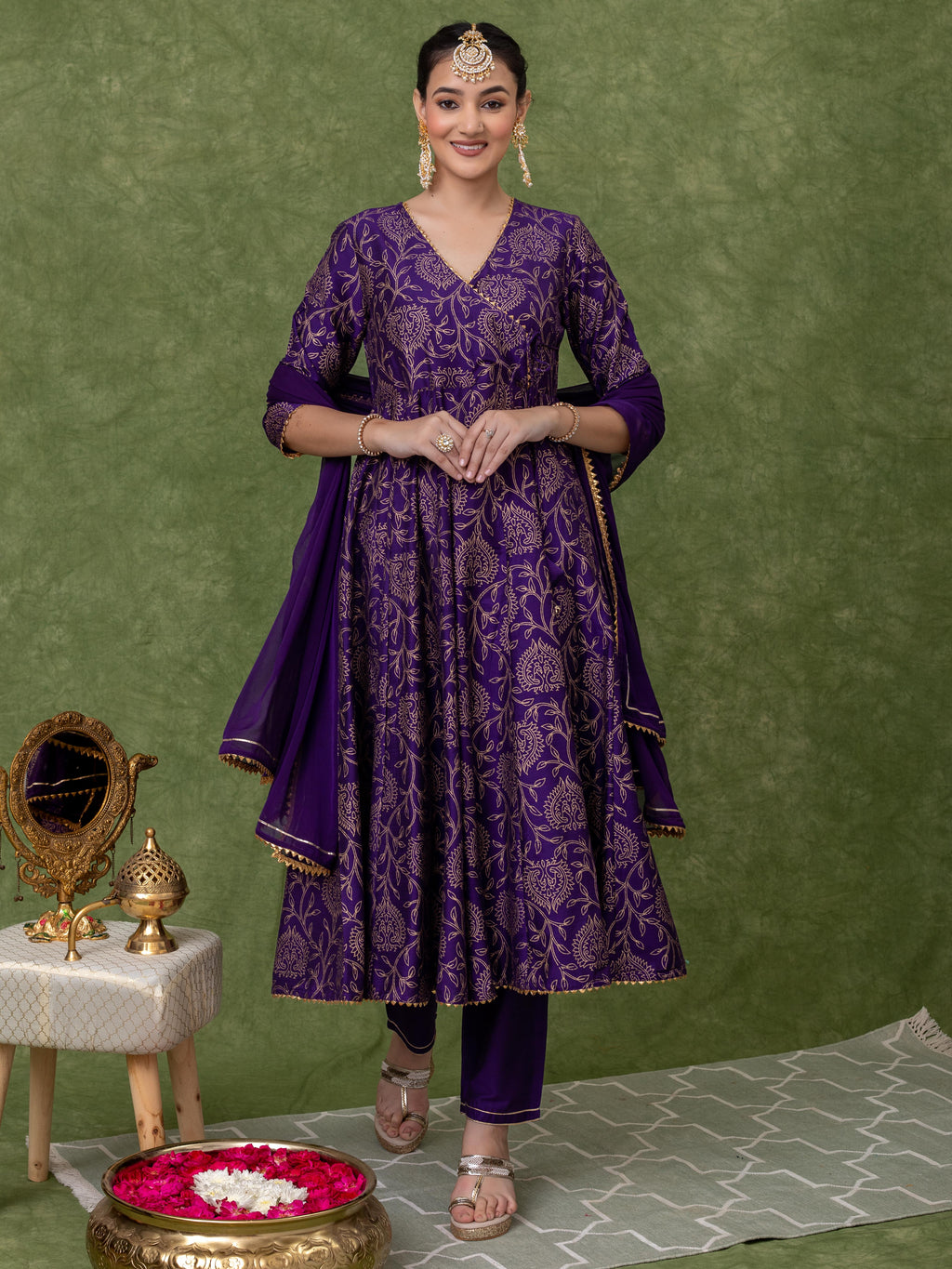 GOLD PRINTED PURPLE ANARKALI KURTA WITH PANT AND DUPATTA (SET OF 3)