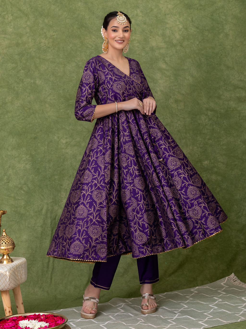 GOLD PRINTED PURPLE ANARKALI KURTA WITH PANT AND DUPATTA (SET OF 3)