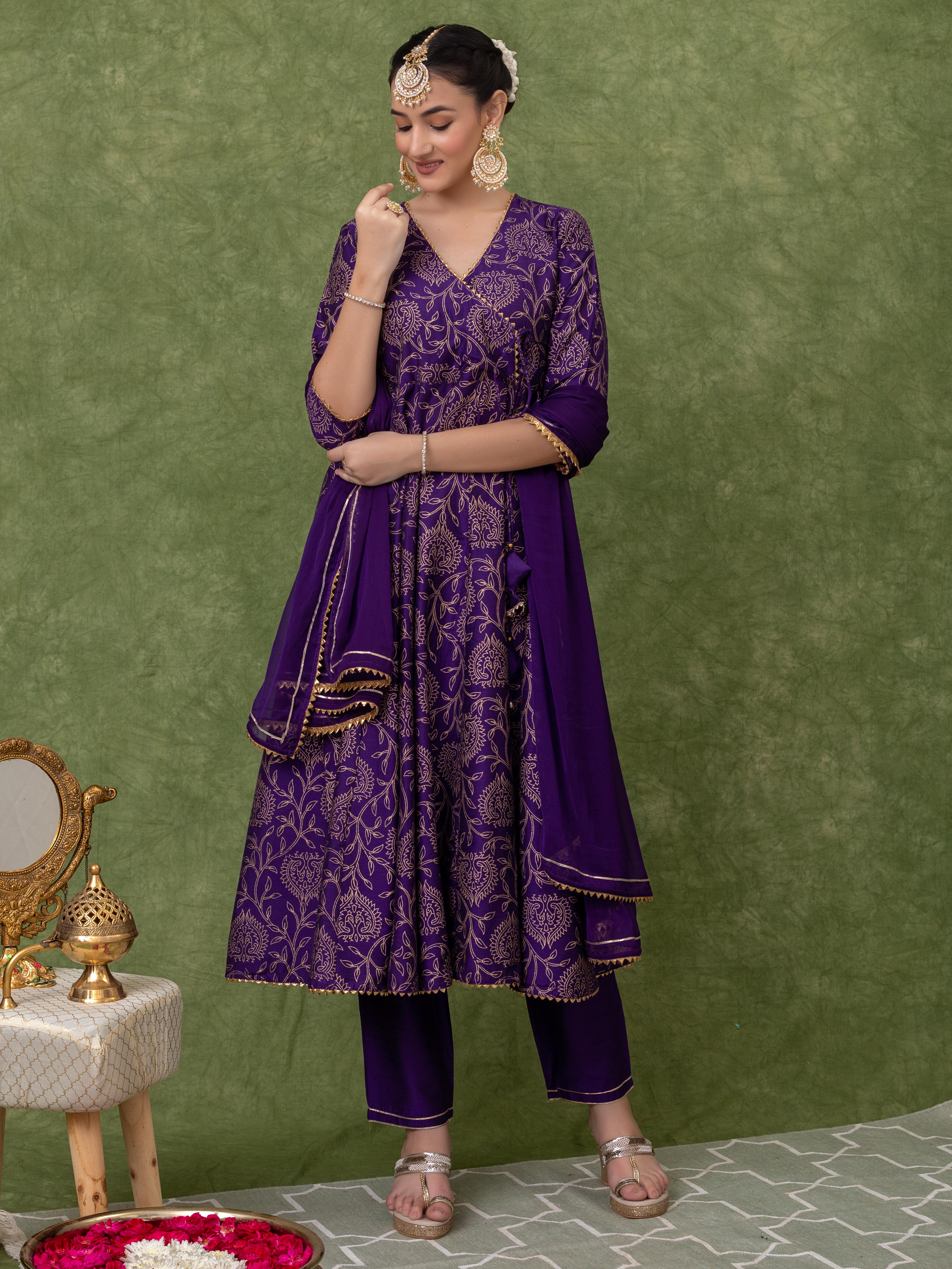 GOLD PRINTED PURPLE ANARKALI KURTA WITH PANT AND DUPATTA (SET OF 3)