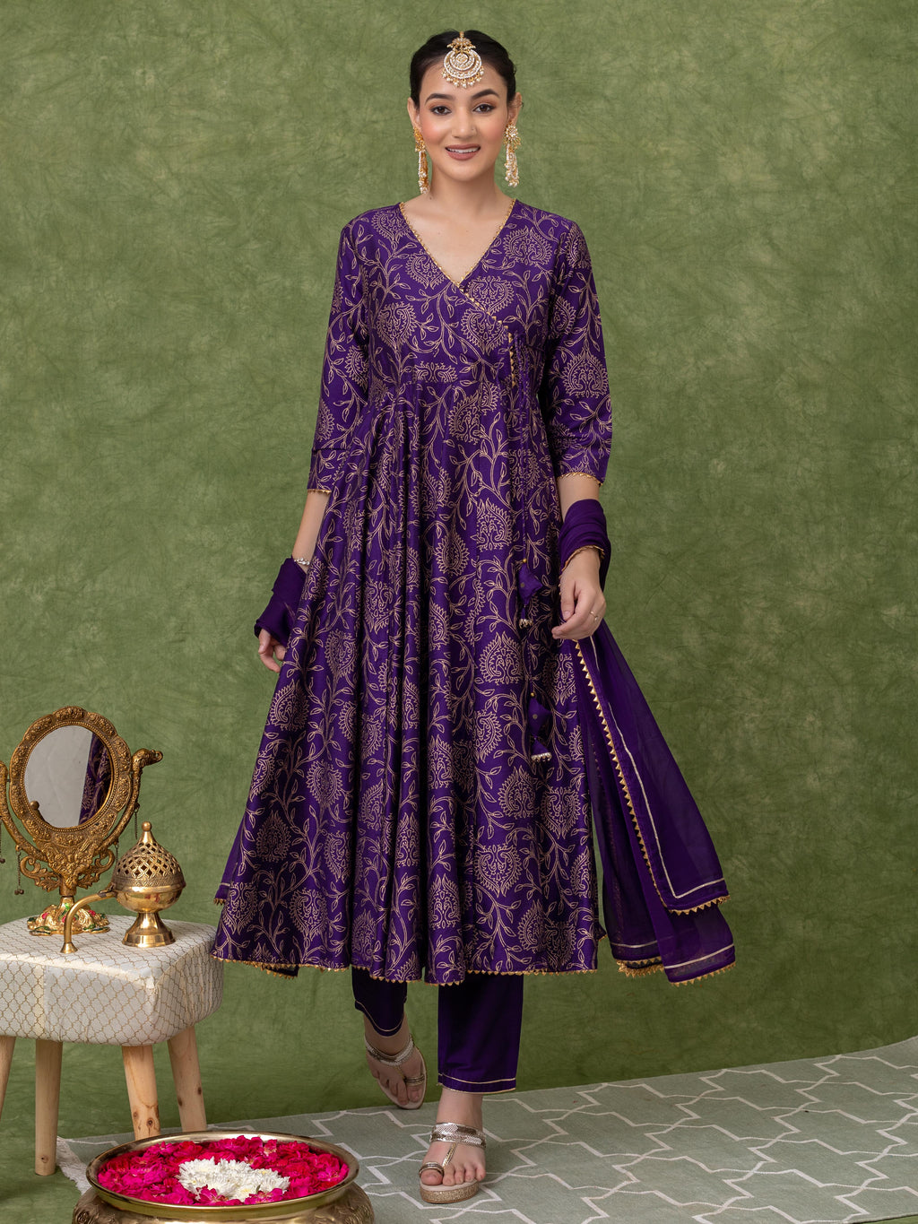 GOLD PRINTED PURPLE ANARKALI KURTA WITH PANT AND DUPATTA (SET OF 3)