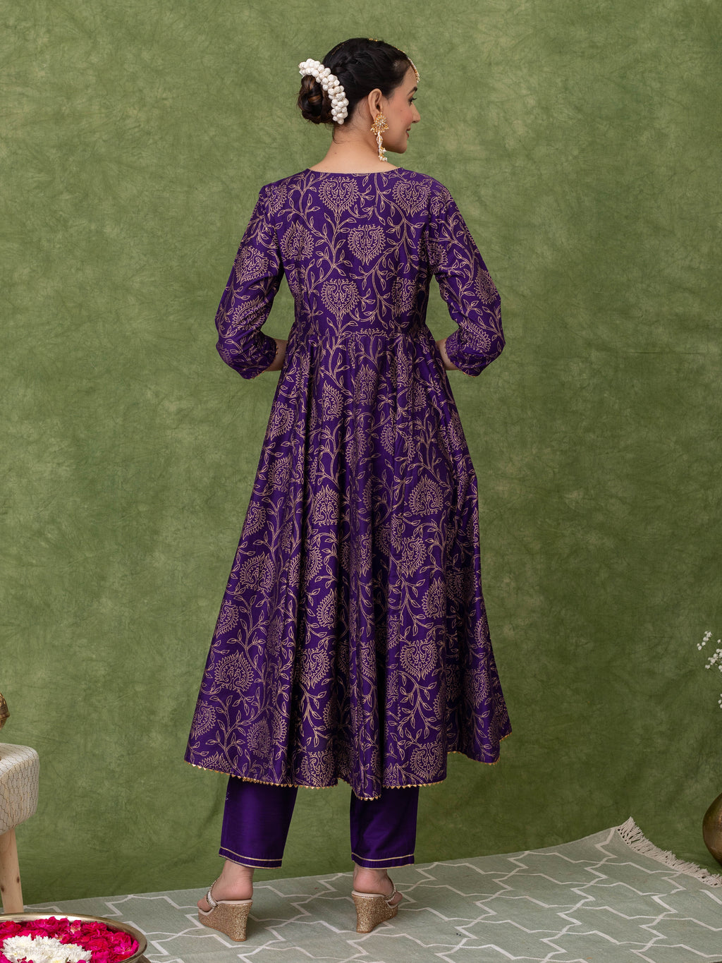 GOLD PRINTED PURPLE ANARKALI KURTA WITH PANT AND DUPATTA (SET OF 3)