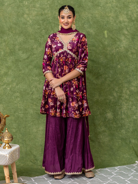 Floral Printed Velvet Purple Sharara Set (Set of 3)