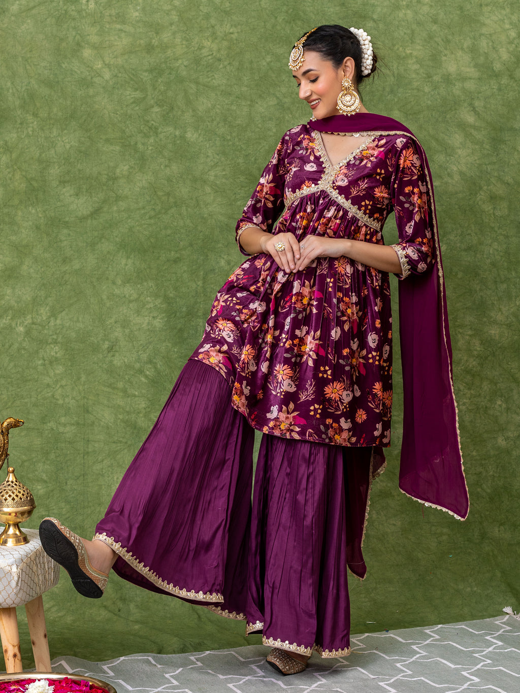 Floral Printed Velvet Purple Sharara Set (Set of 3)