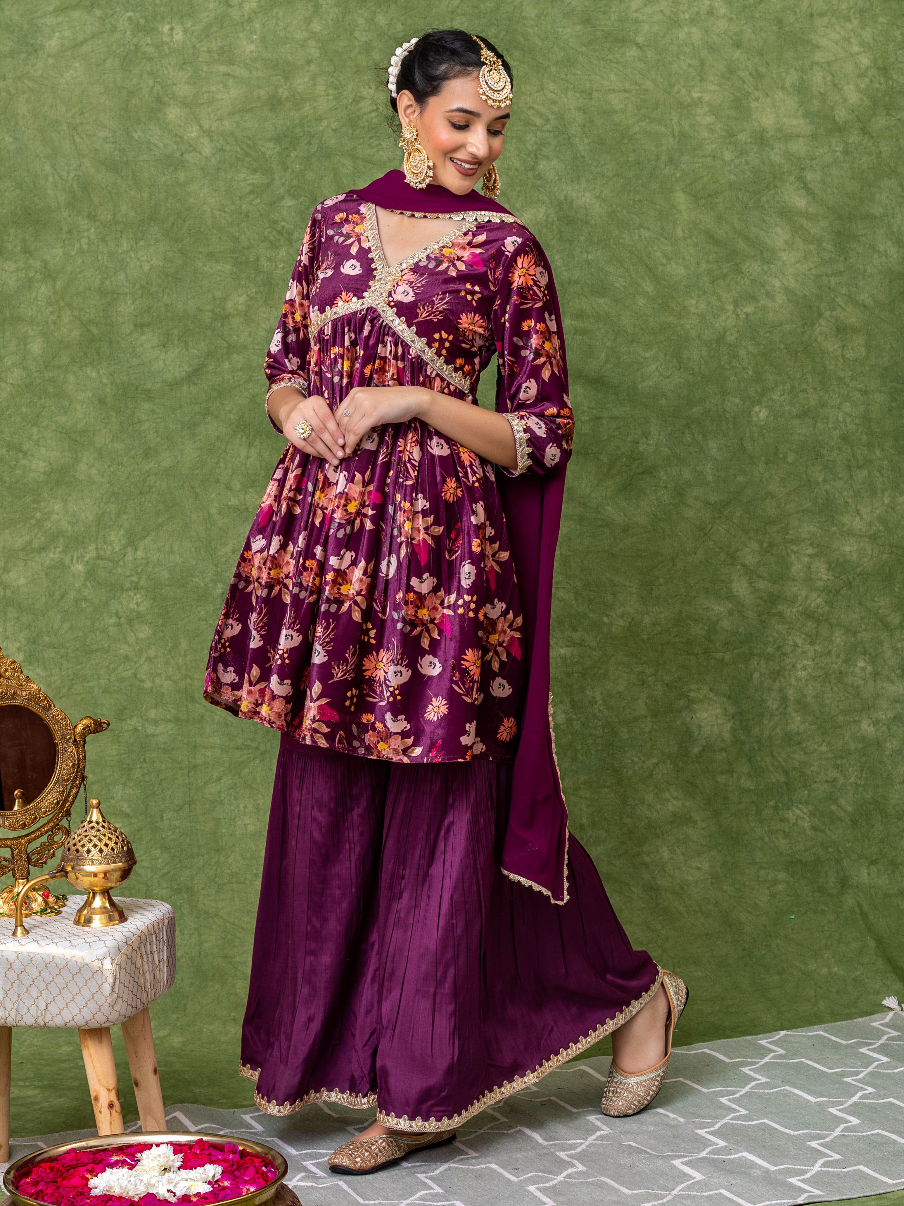 Floral Printed Velvet Purple Sharara Set (Set of 3)