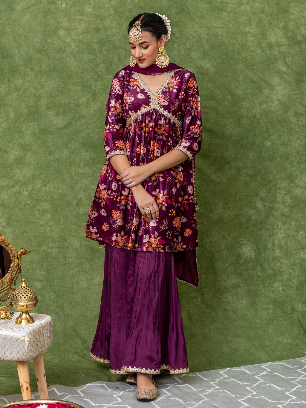 Floral Printed Velvet Purple Sharara Set (Set of 3)