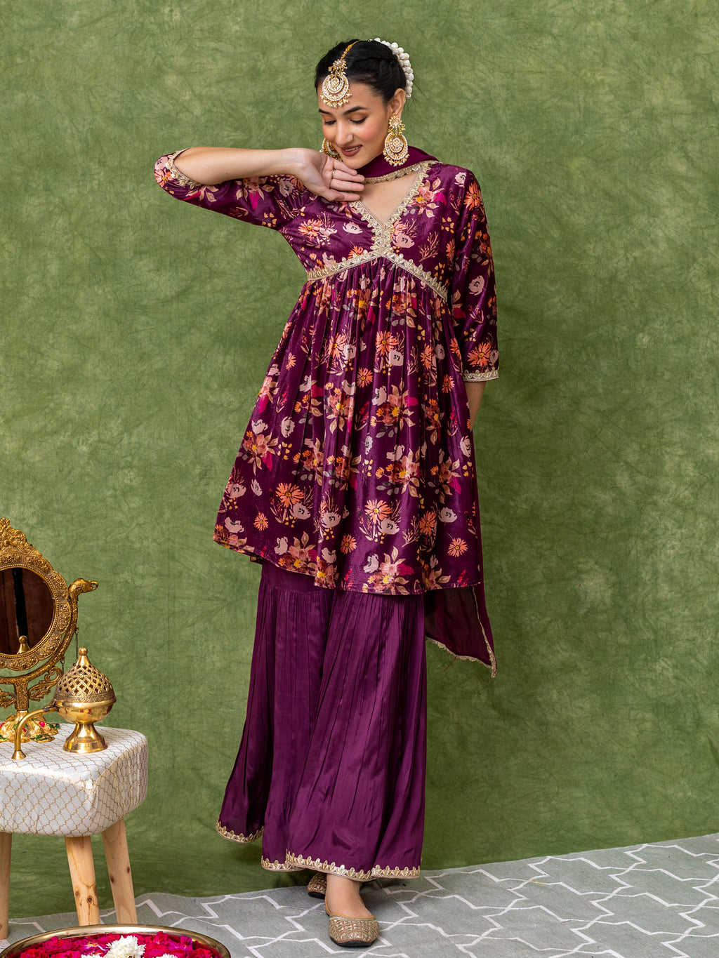 Floral Printed Velvet Purple Sharara Set (Set of 3)