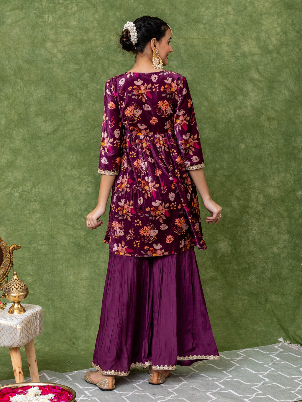 Floral Printed Velvet Purple Sharara Set (Set of 3)