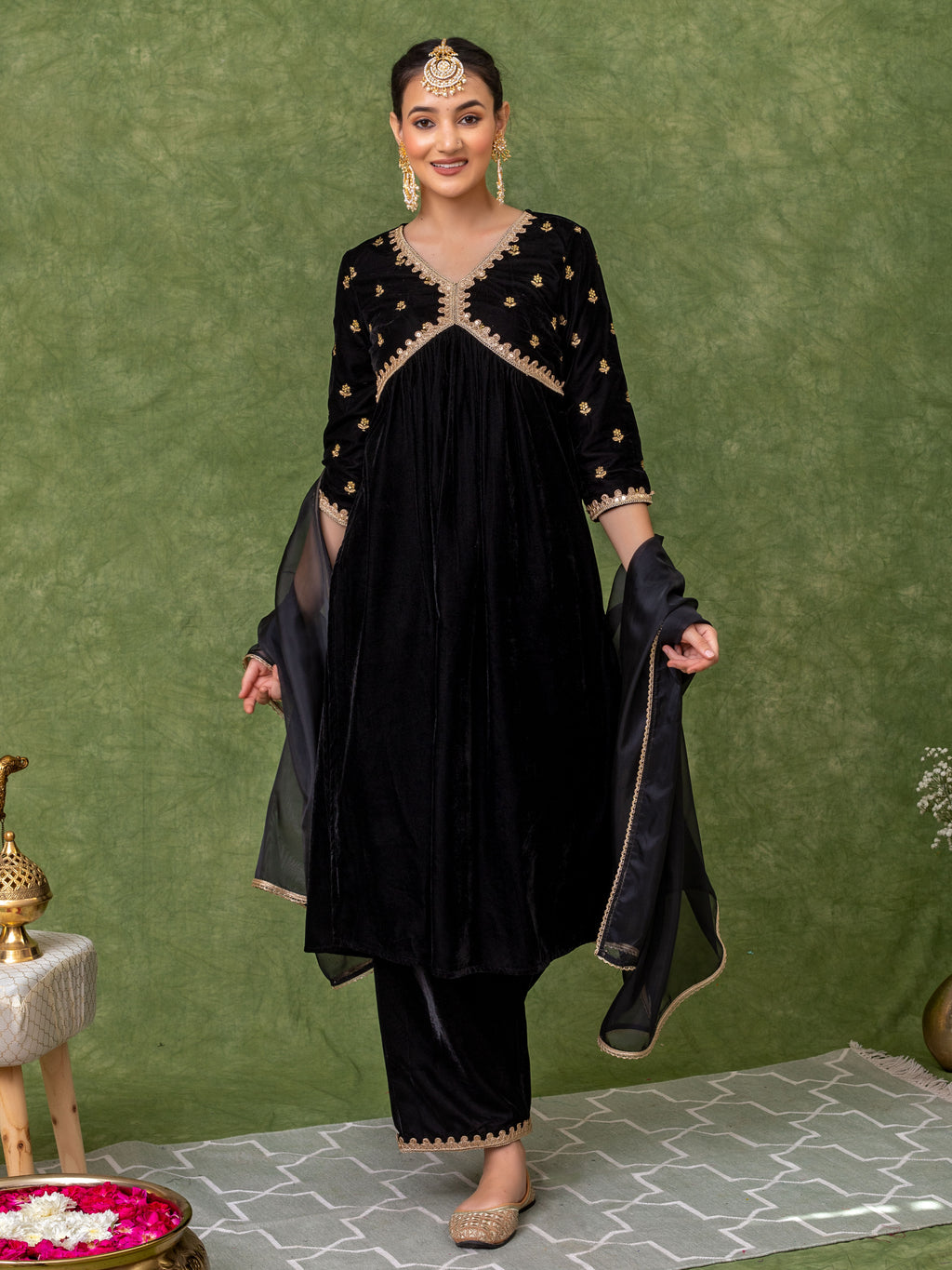 Black Velvet Embroidered Alia Cut Kurta Set