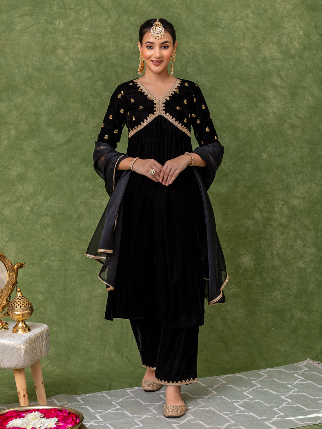 Black Velvet Embroidered Alia Cut Kurta Set