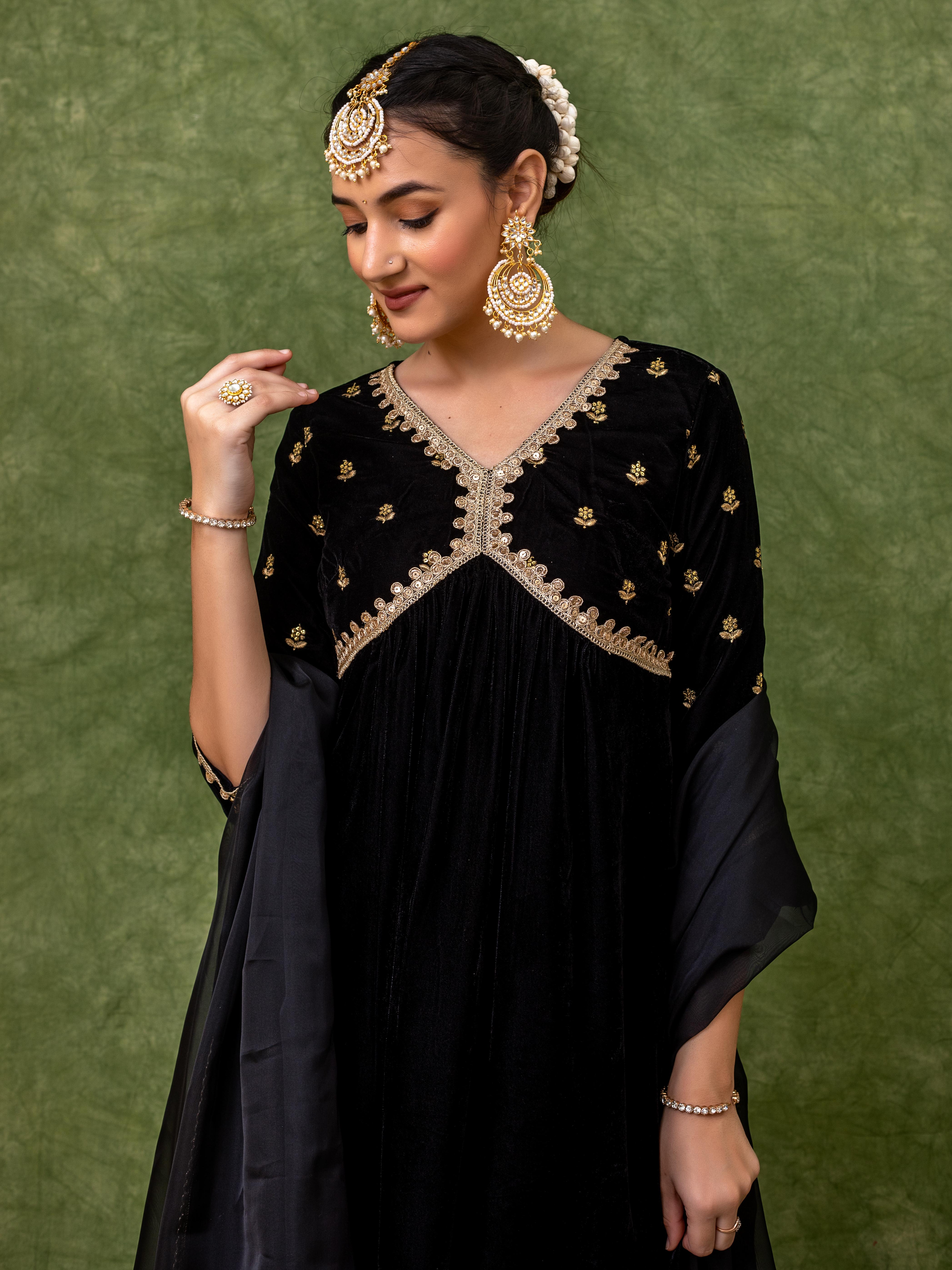black alia cut dress Elegant Black Party Wear Alia Cut Anarkali Gown with Dupatta & Bottom ManMohit Fashion