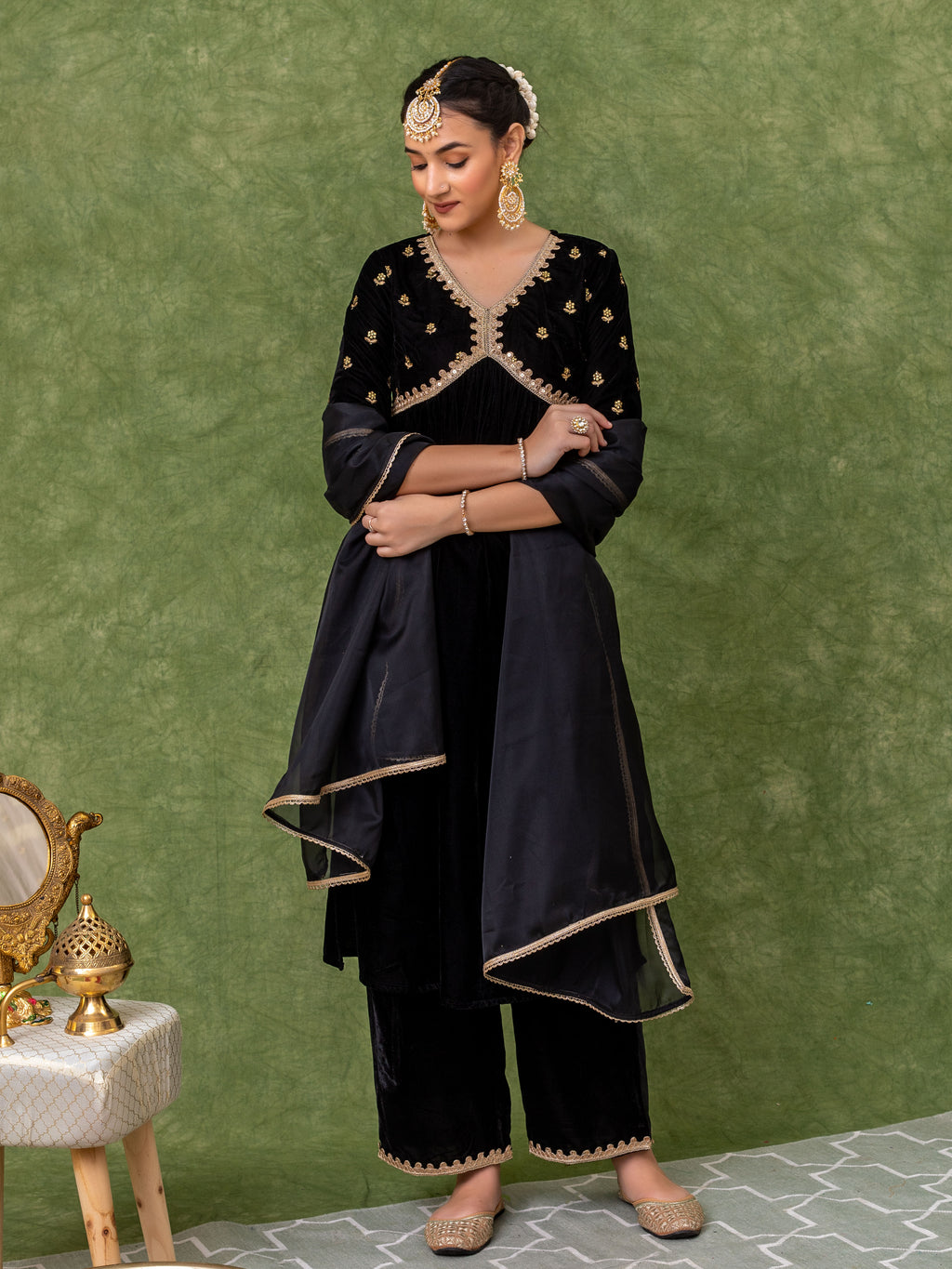 Black Velvet Embroidered Alia Cut Kurta Set