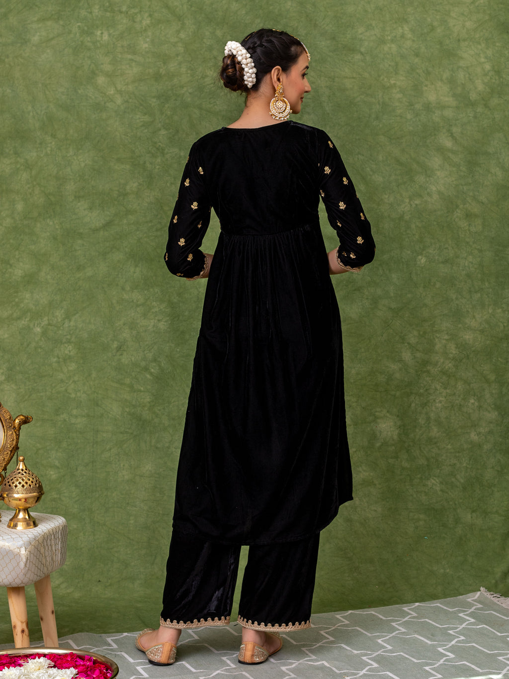 Black Velvet Embroidered Alia Cut Kurta Set