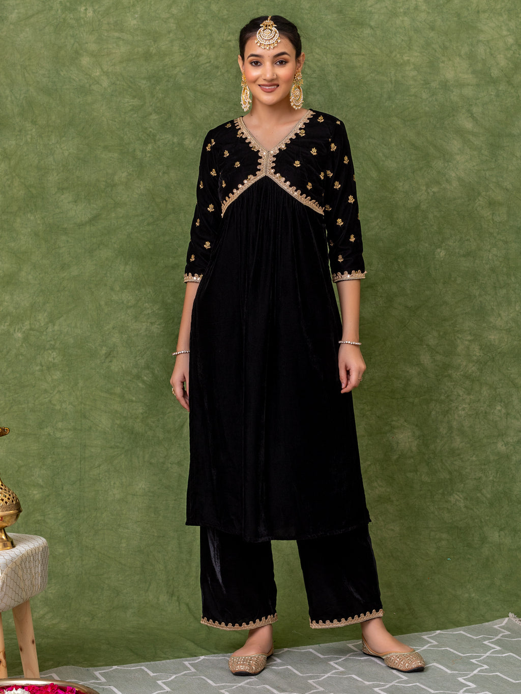 Black Velvet Embroidered Alia Cut Kurta Set