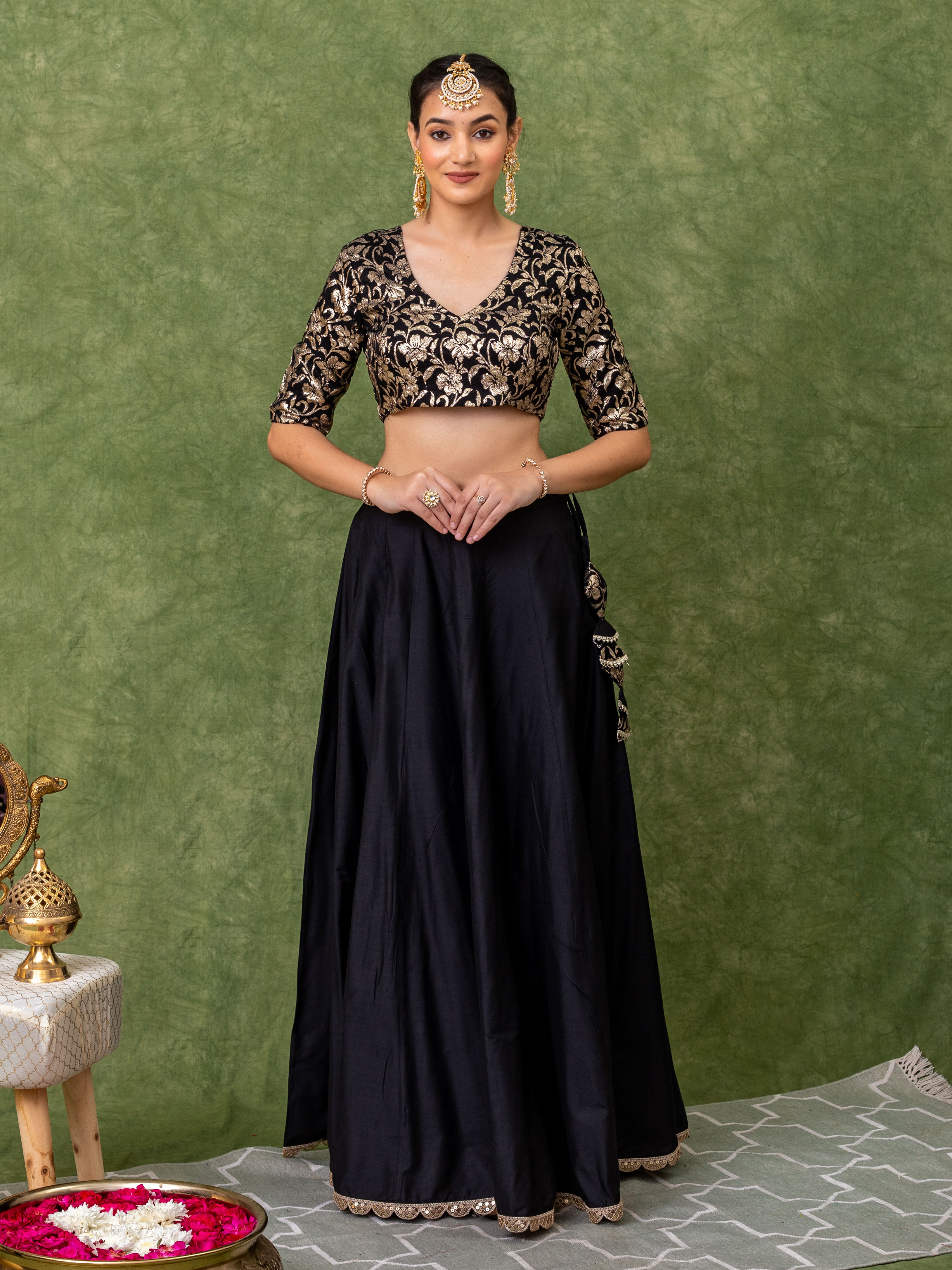 Lehenga set in black with floral Jacquard jaal on the blouse