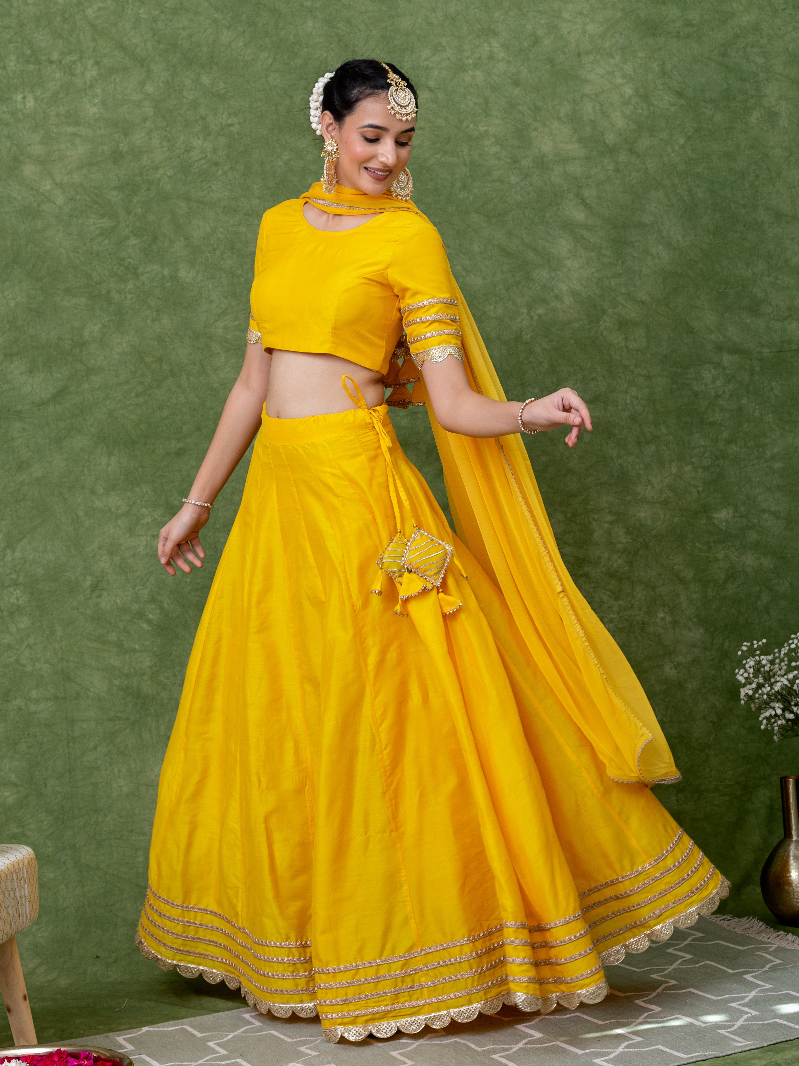 Golden Lace Work Yellow Solid Lehenga Sets with Dupatta (Set of 3)