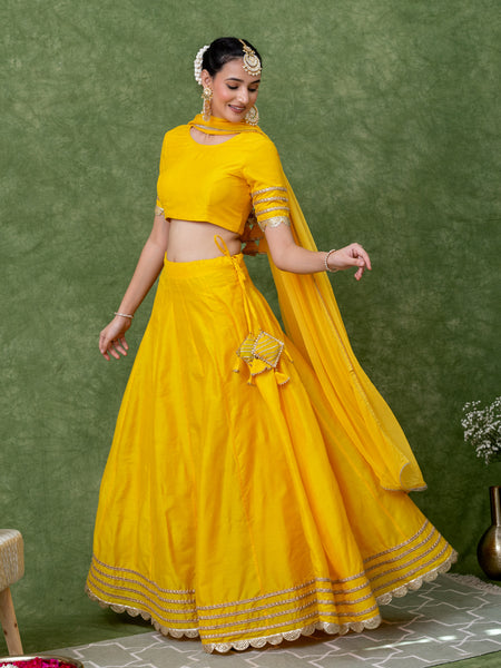 Golden Lace Work Yellow Solid Lehenga Sets with Dupatta (Set of 3)