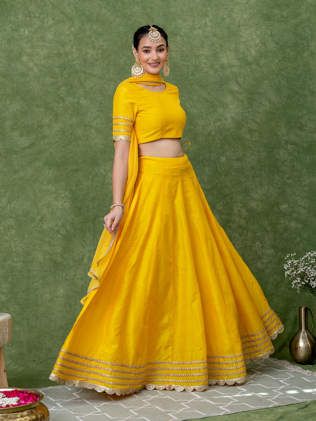 Golden Lace Work Yellow Solid Lehenga Sets with Dupatta (Set of 3)