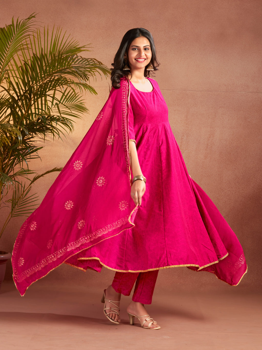 Pink Viscose Flared Anarkali Set With Gold Printed Dupatta