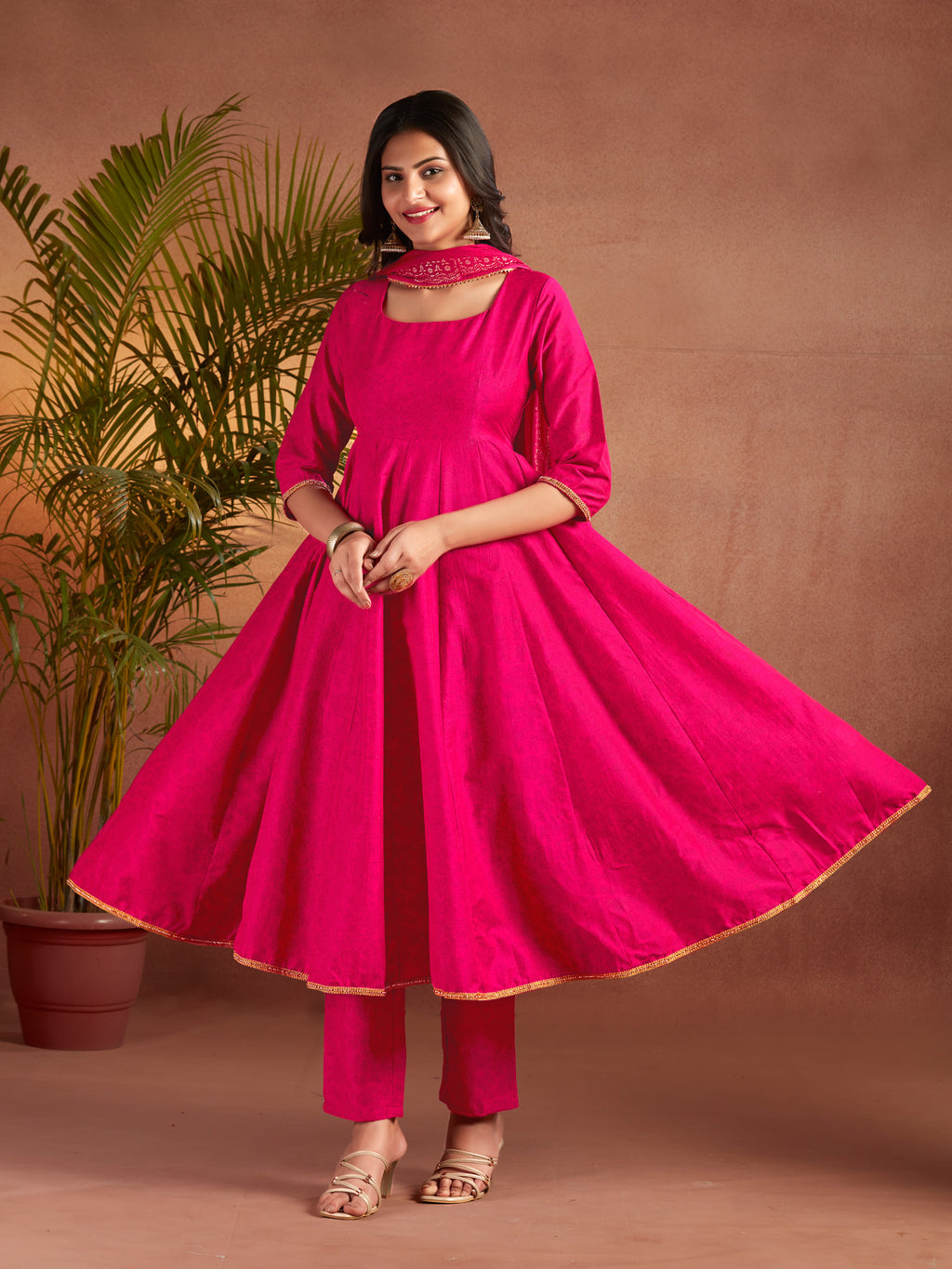 Pink Viscose Flared Anarkali Set With Gold Printed Dupatta