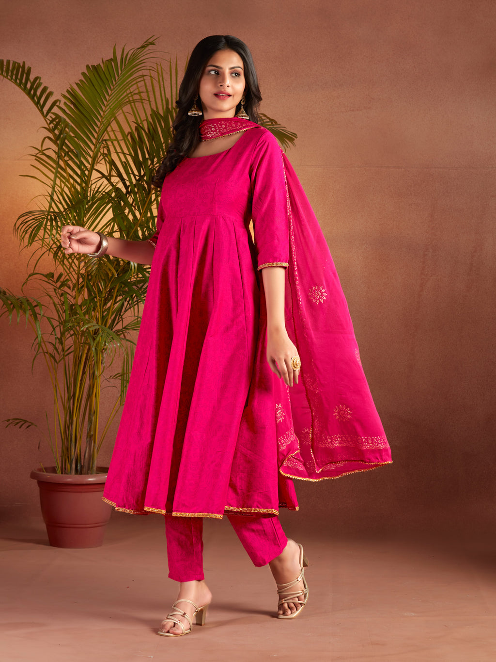 Pink Viscose Flared Anarkali Set With Gold Printed Dupatta