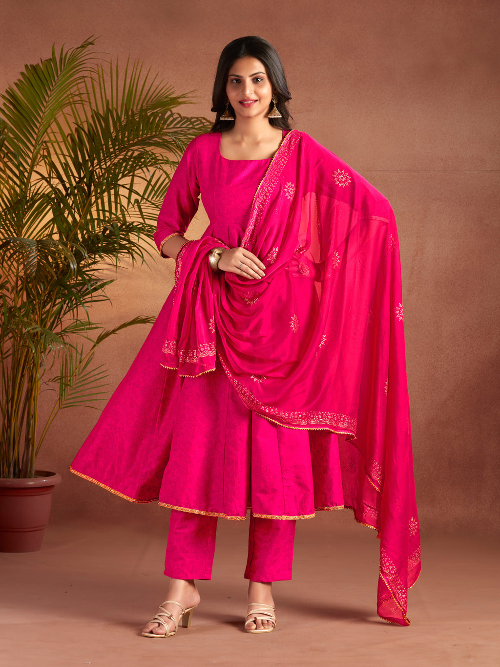 Pink Viscose Flared Anarkali Set With Gold Printed Dupatta