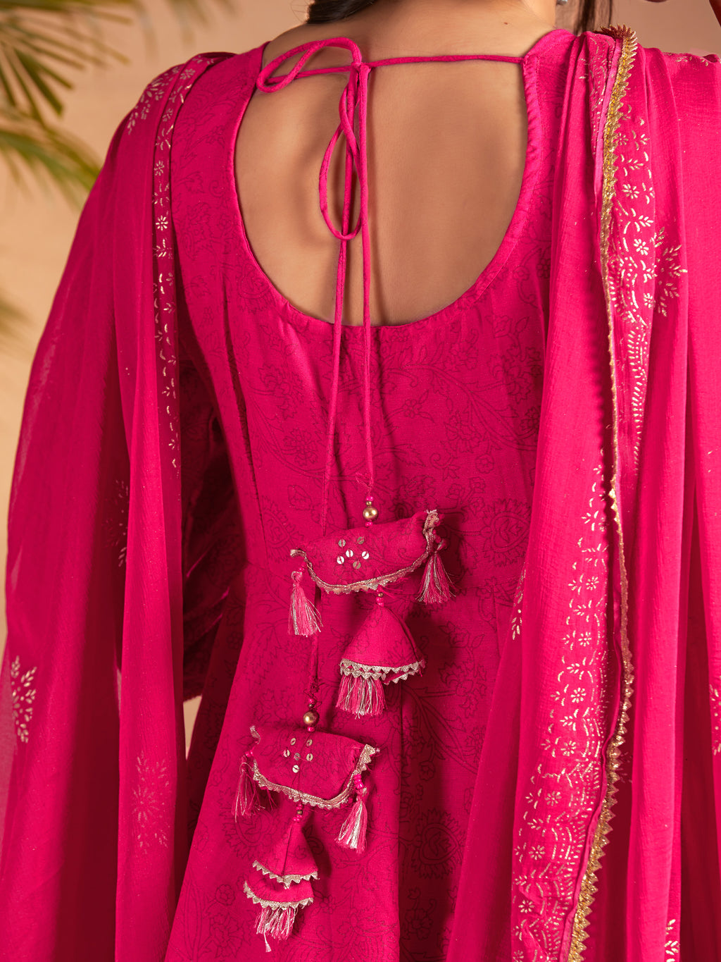 Pink Viscose Flared Anarkali Set With Gold Printed Dupatta