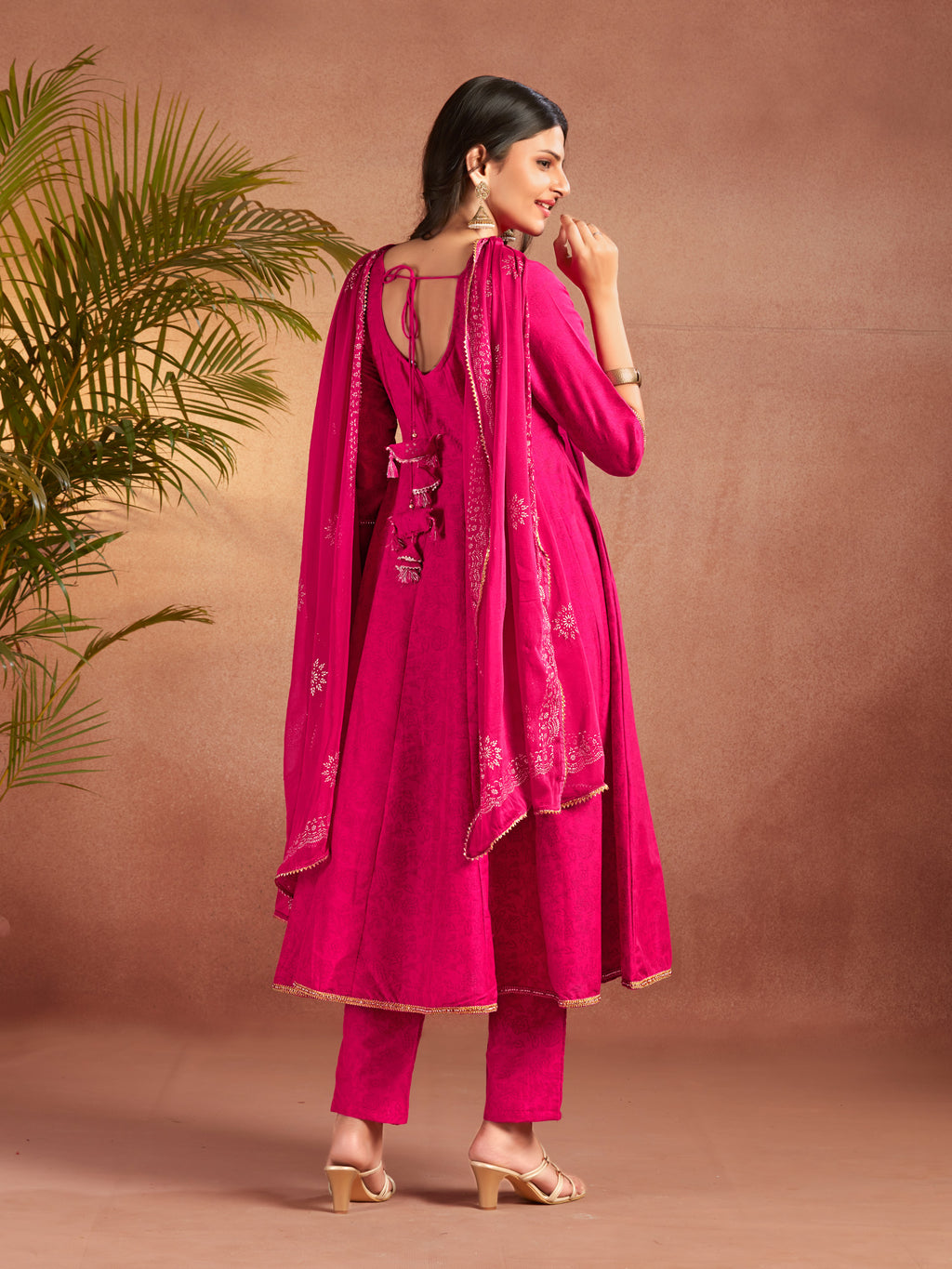 Pink Viscose Flared Anarkali Set With Gold Printed Dupatta