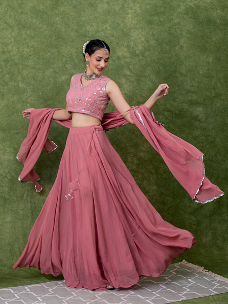 Sequin Embroidered Georgette Pastel Pink Lehenga Sets