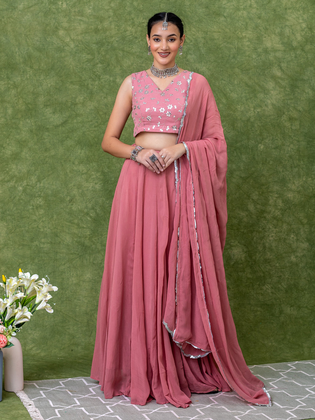 Sequin Embroidered Georgette Pastel Pink Lehenga Sets