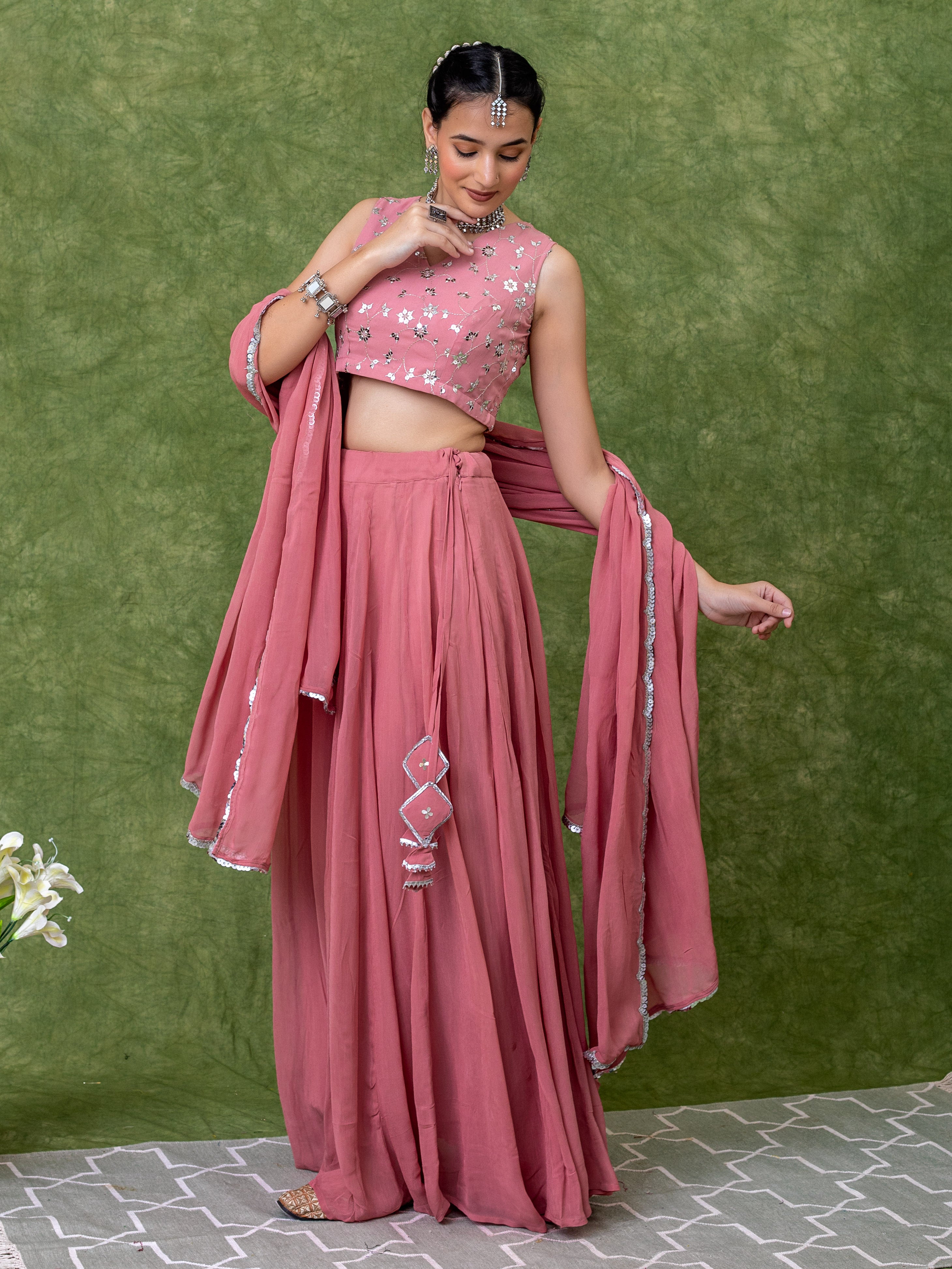 Sequin Embroidered Georgette Pastel Pink Lehenga Sets