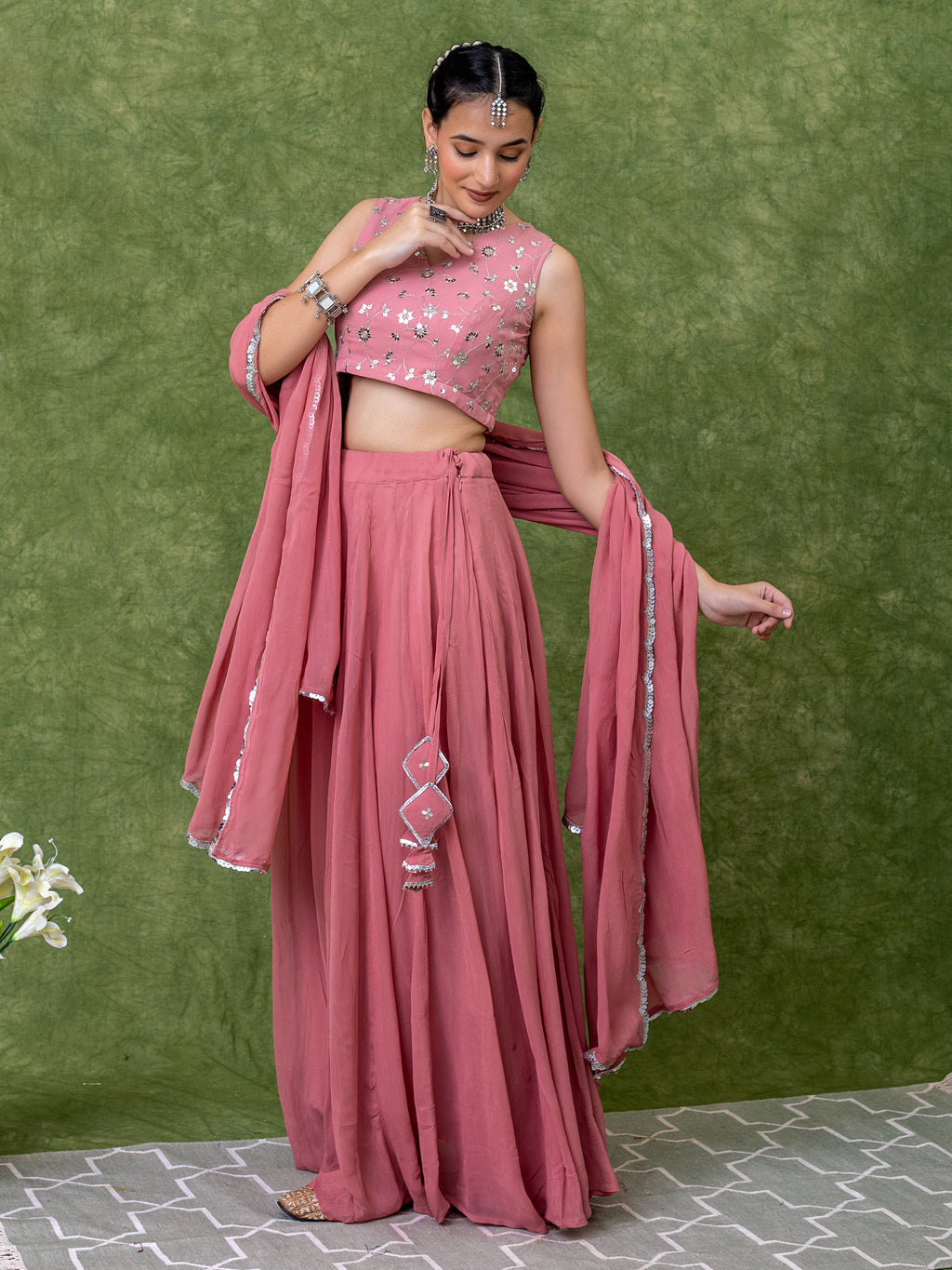 Sequin Embroidered Georgette Pastel Pink Lehenga Sets