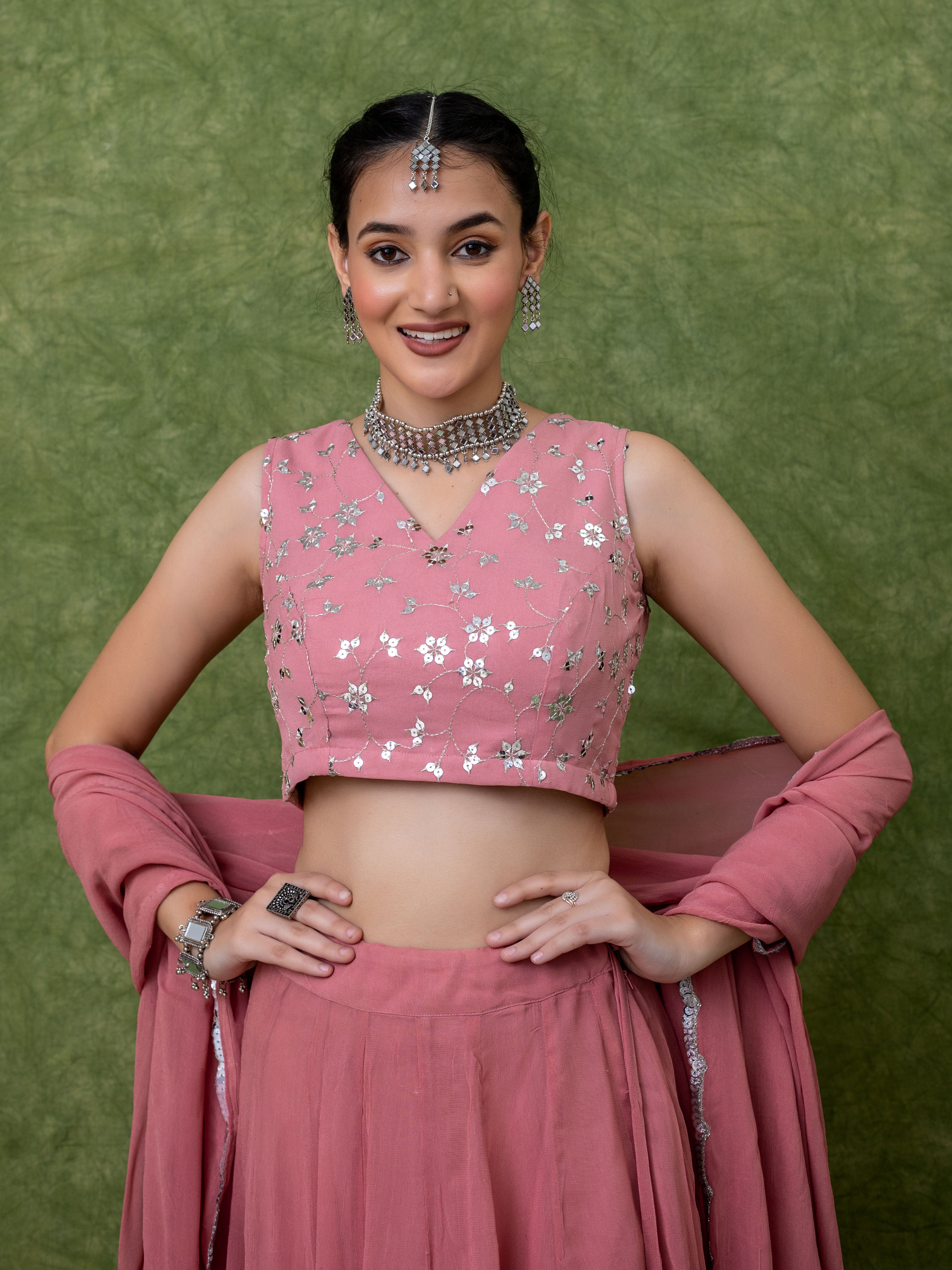 Sequin Embroidered Georgette Pastel Pink Lehenga Sets