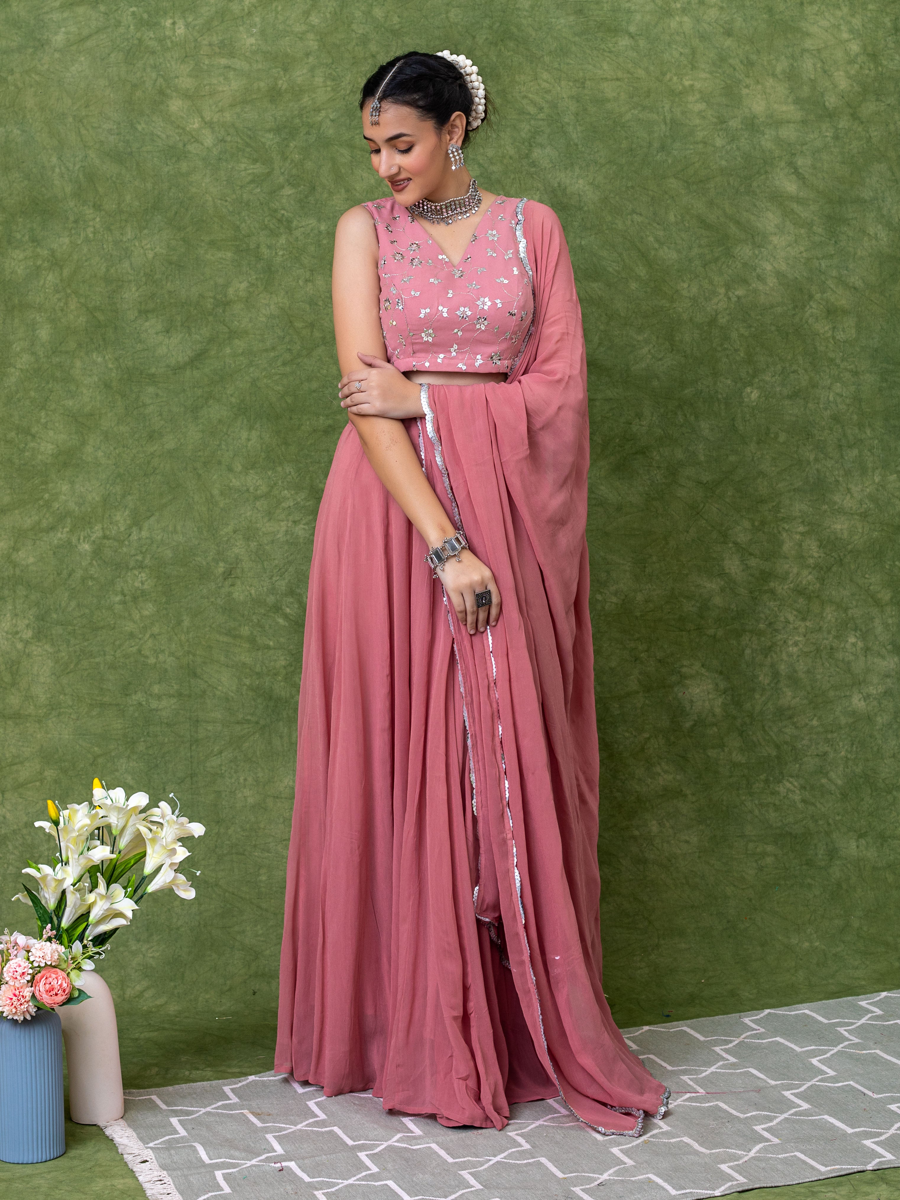 Sequin Embroidered Georgette Pastel Pink Lehenga Sets