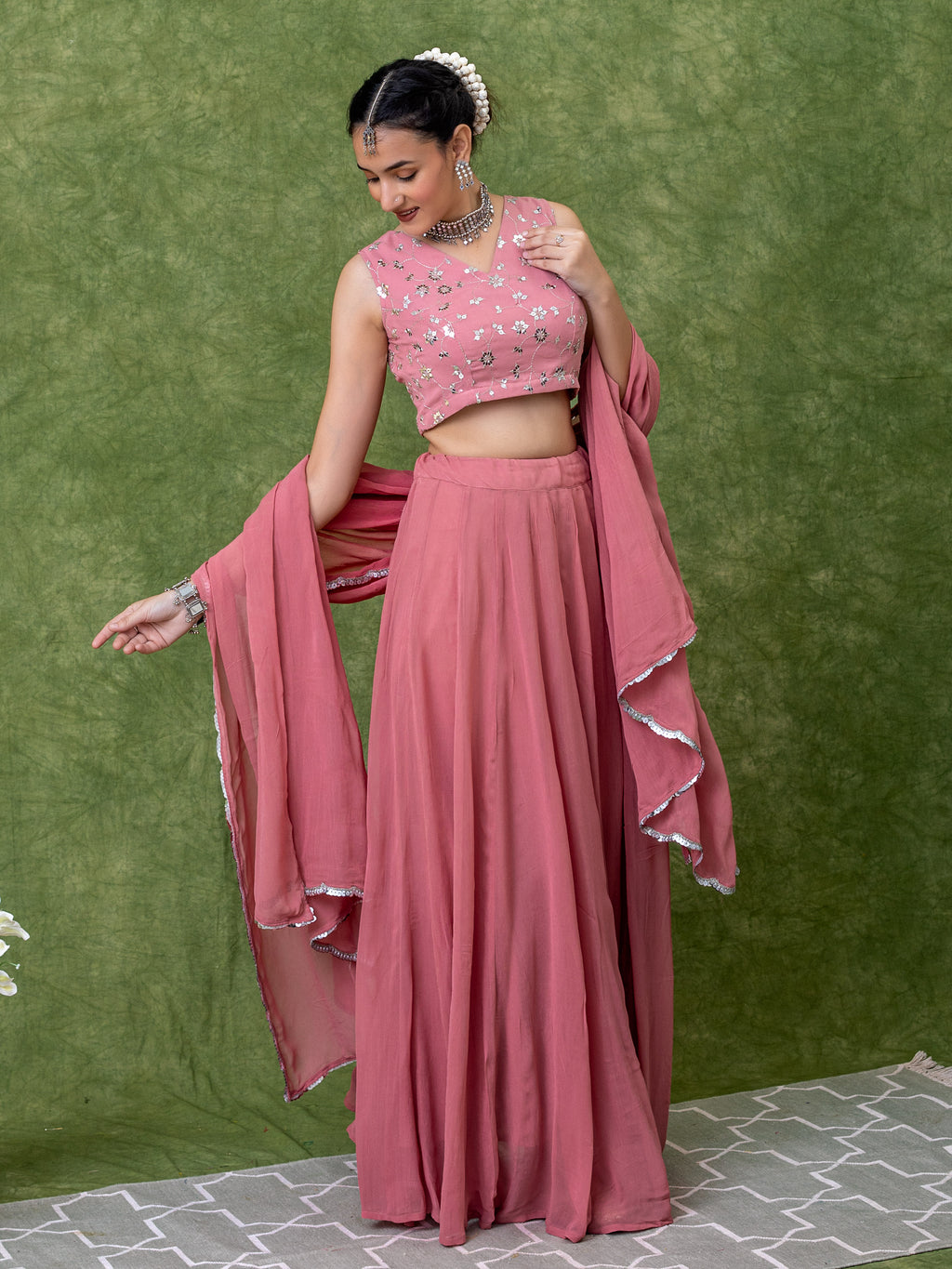 Sequin Embroidered Georgette Pastel Pink Lehenga Sets