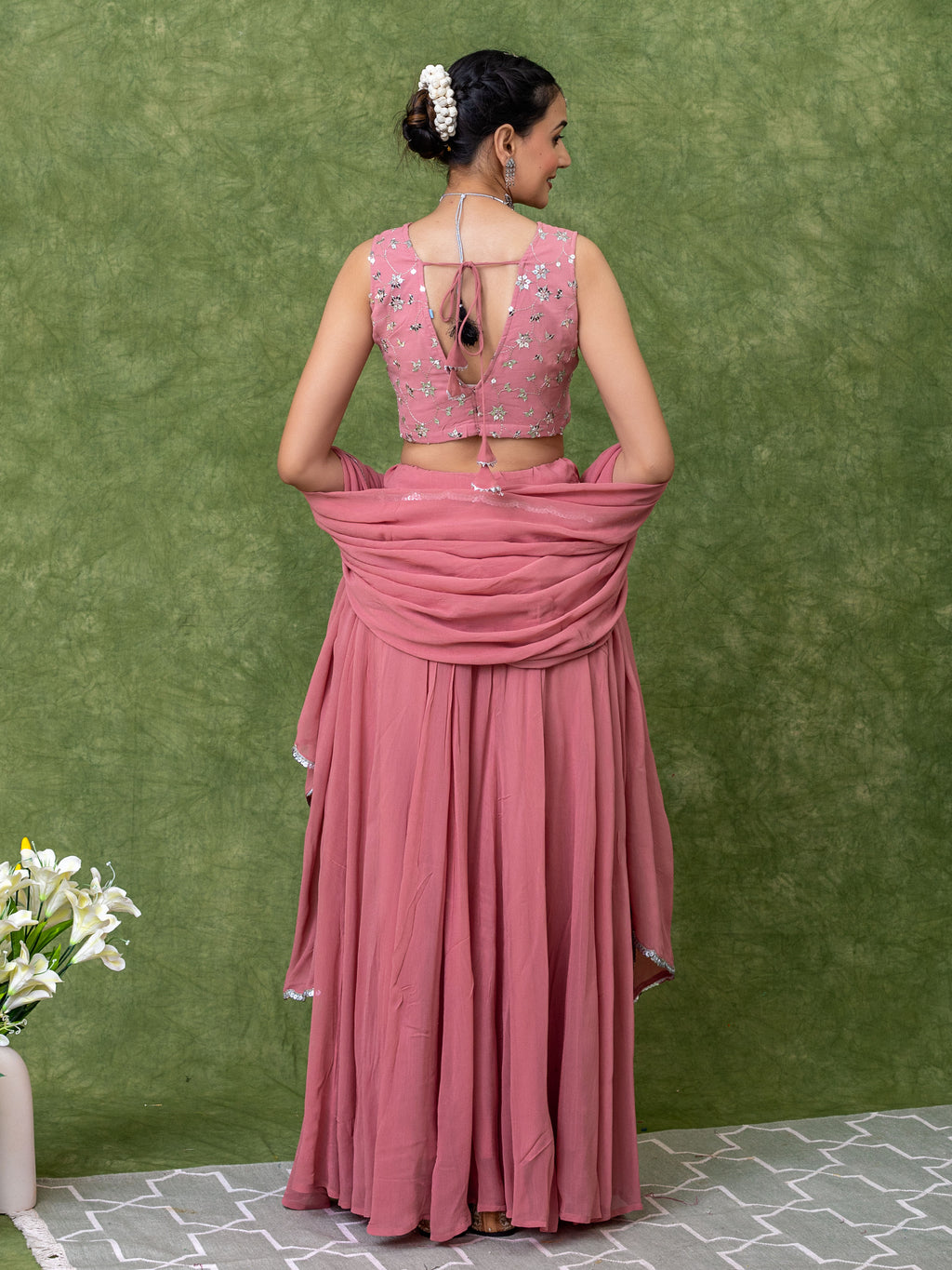 Sequin Embroidered Georgette Pastel Pink Lehenga Sets