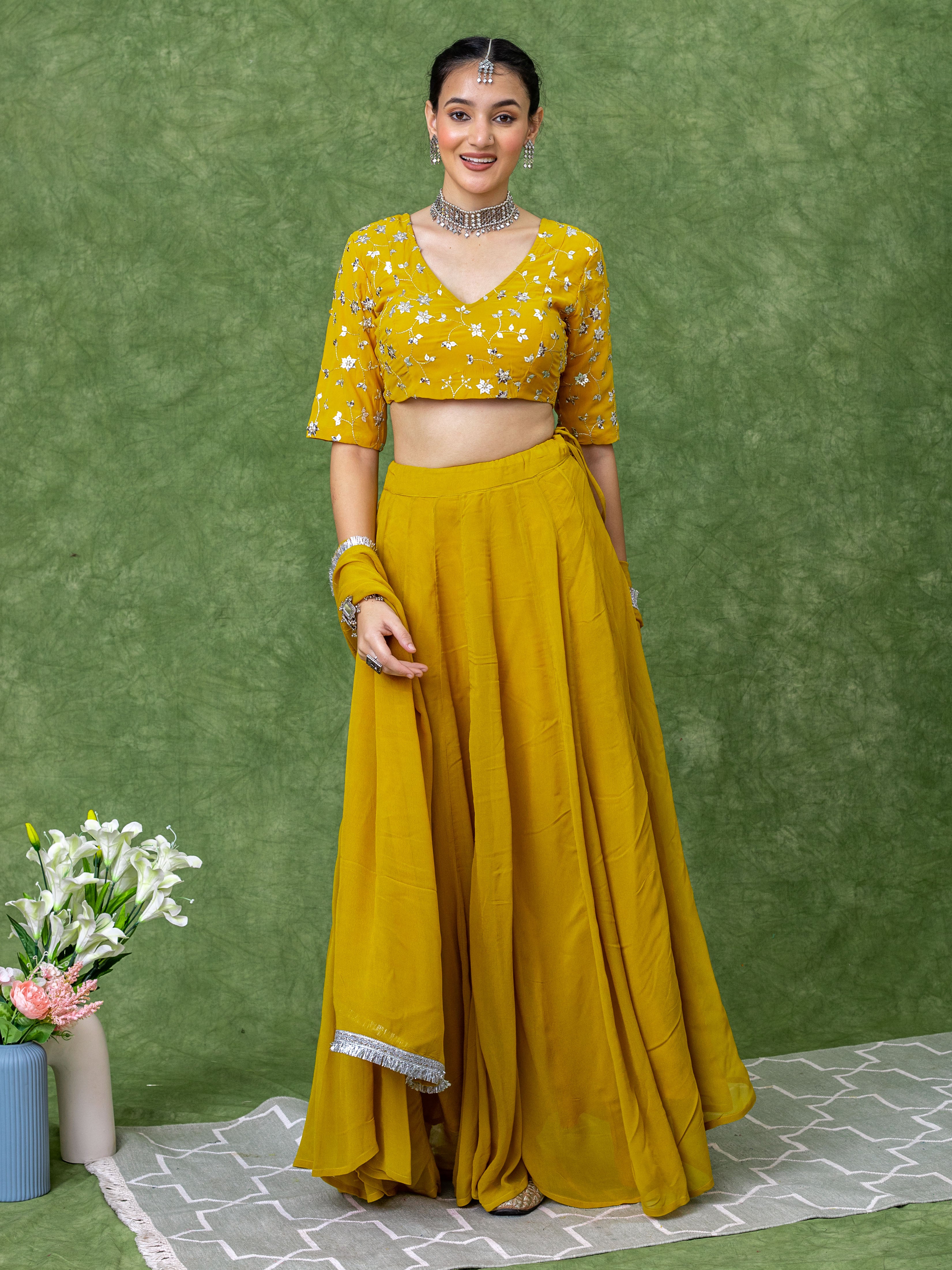 Sequin Embroidery Blouse with Mustard Yellow Solid Lehenga Set.