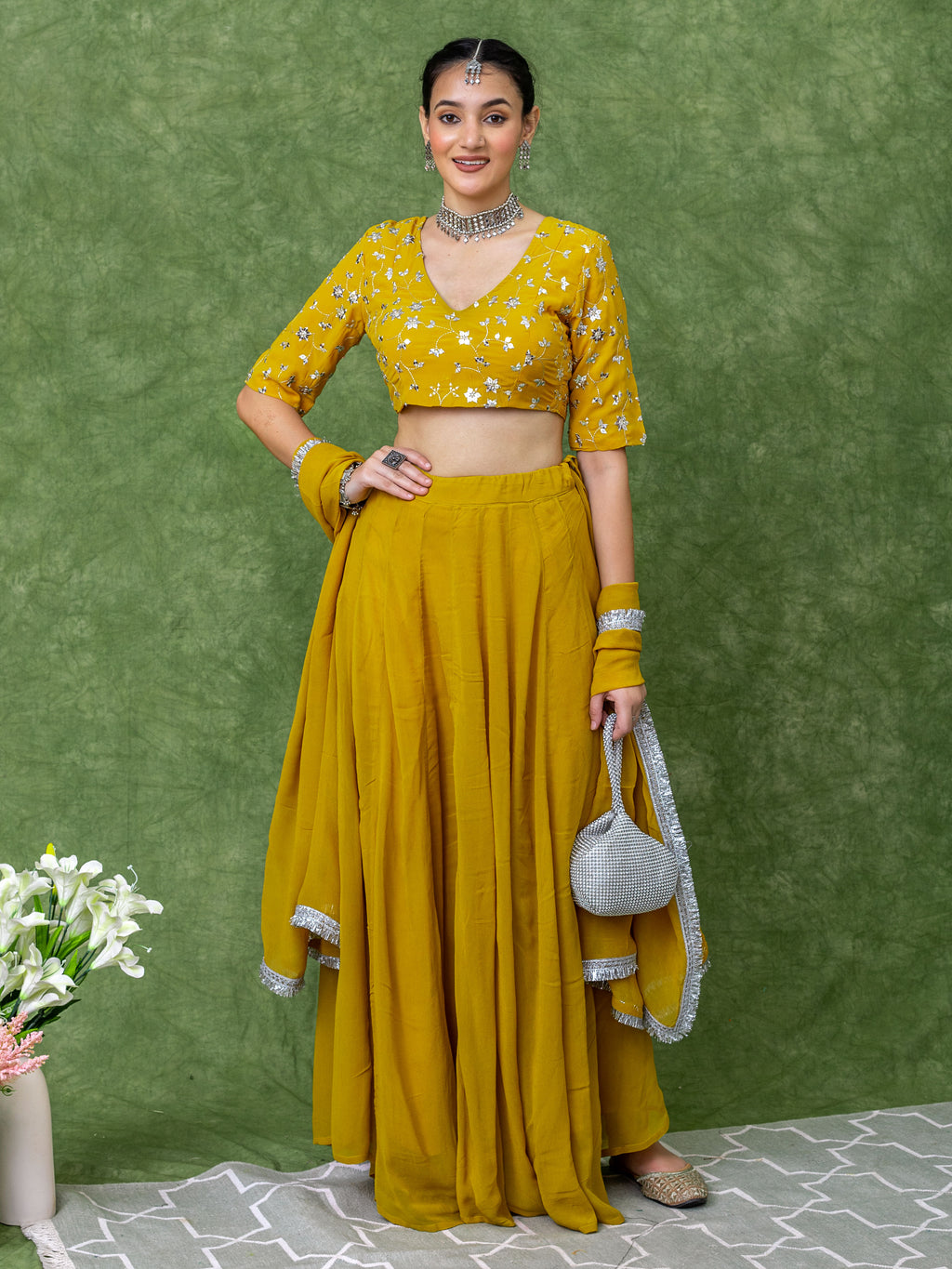 Sequin Embroidery Blouse with Mustard Yellow Solid Lehenga Set.