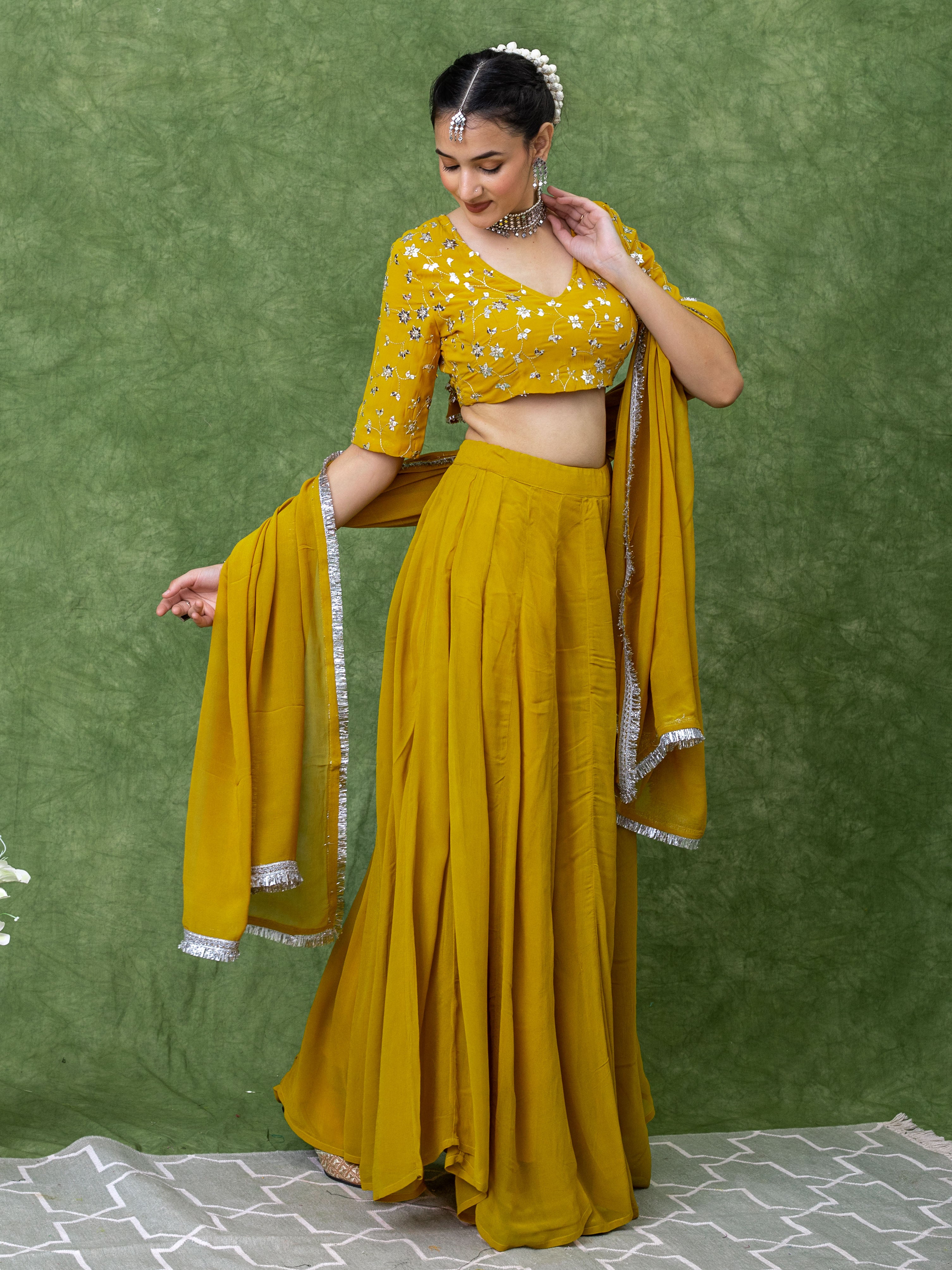 Sequin Embroidery Blouse with Mustard Yellow Solid Lehenga Set.