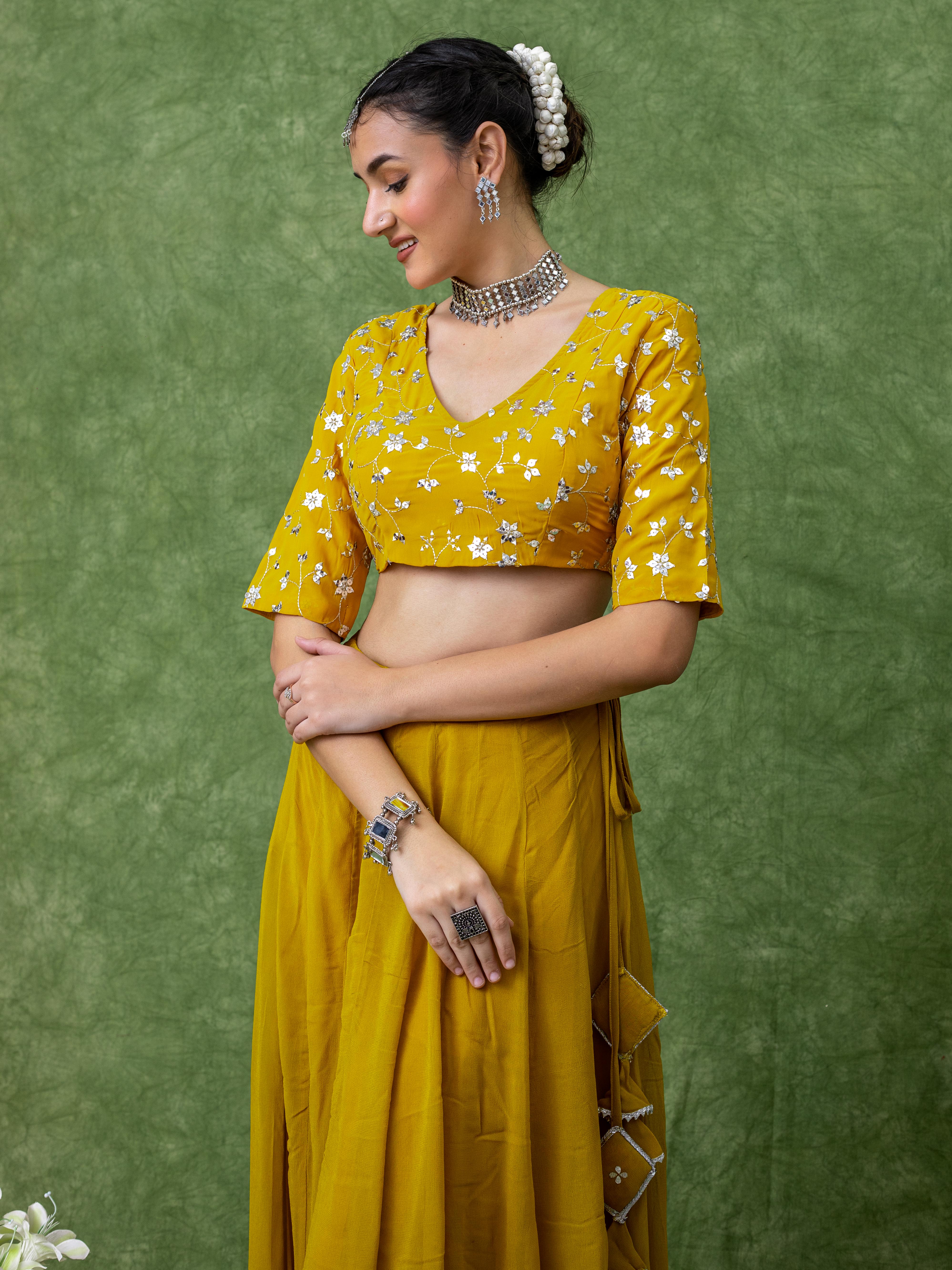 Sequin Embroidery Blouse with Mustard Yellow Solid Lehenga Set.