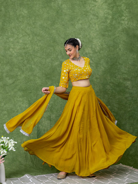 Sequin Embroidery Blouse with Mustard Yellow Solid Lehenga Set.