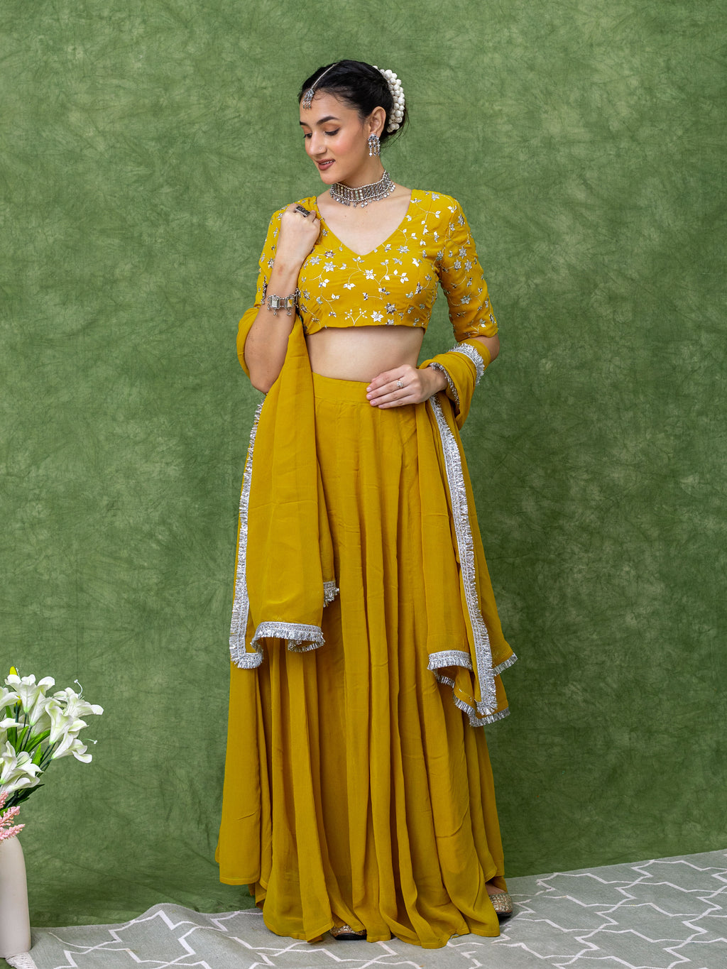 Sequin Embroidery Blouse with Mustard Yellow Solid Lehenga Set.