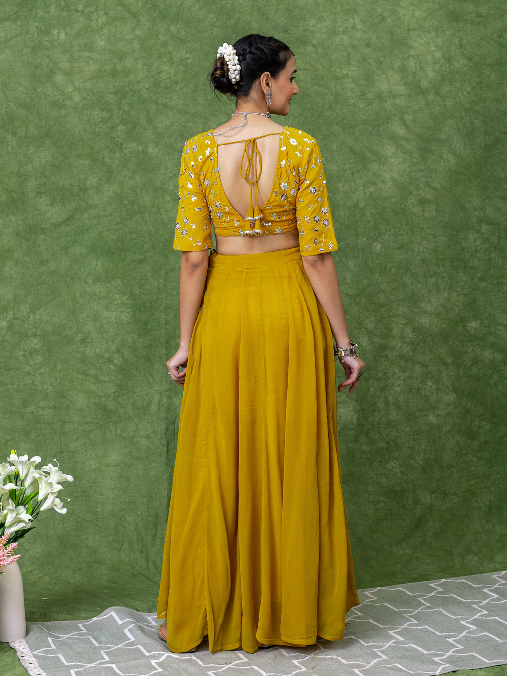 Sequin Embroidery Blouse with Mustard Yellow Solid Lehenga Set.