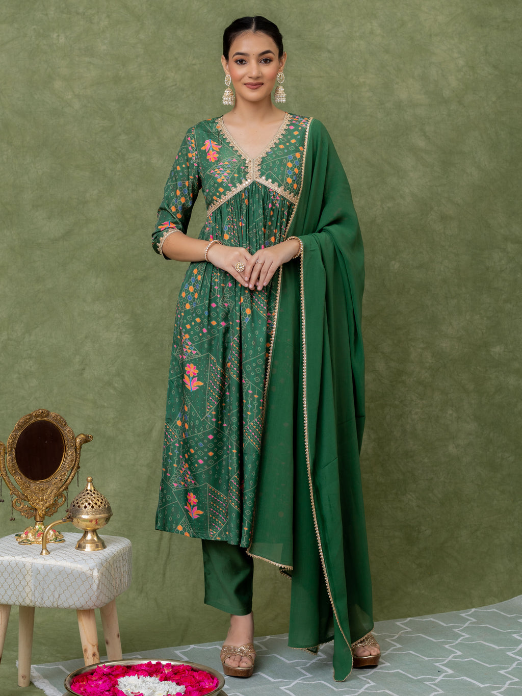 GREEN BANDHANI PRINT KURTA SET