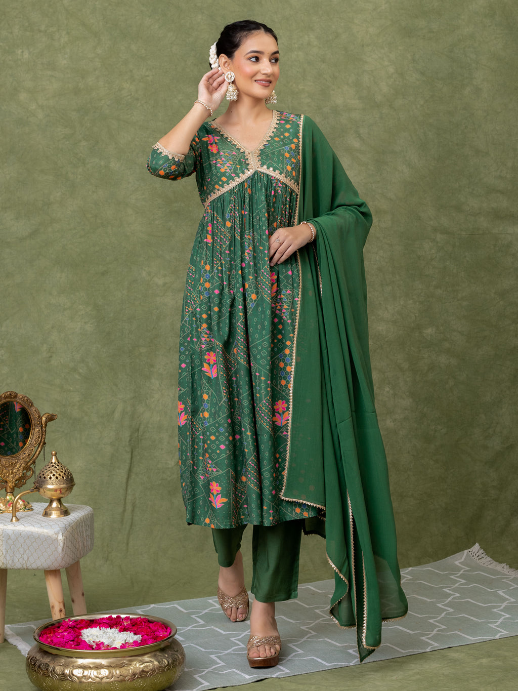 GREEN BANDHANI PRINT KURTA SET