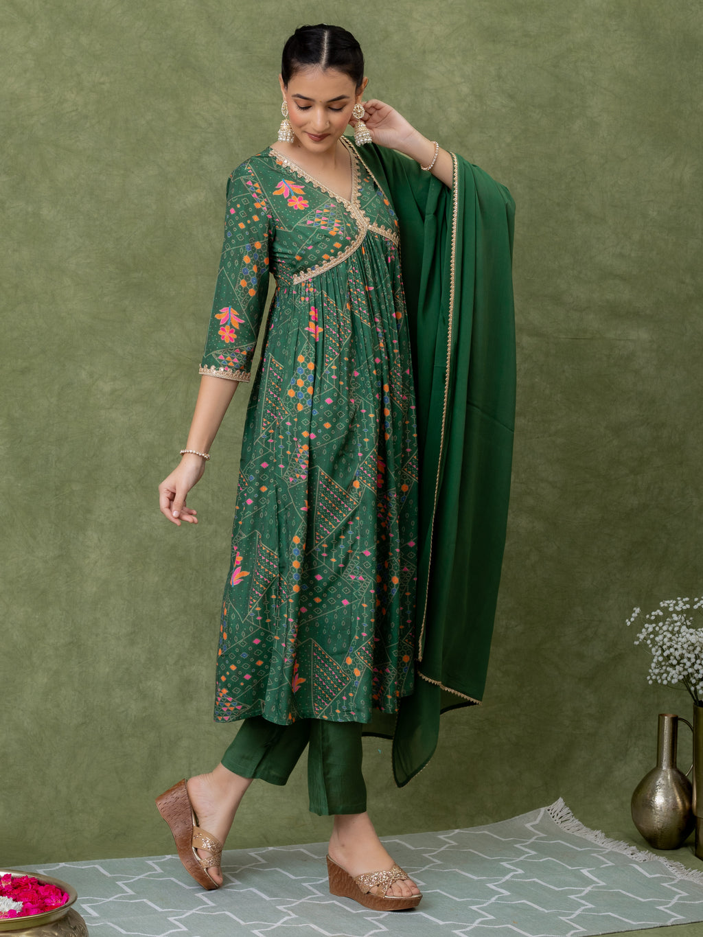 GREEN BANDHANI PRINT KURTA SET