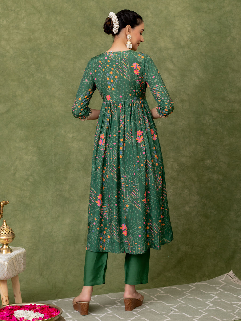 GREEN BANDHANI PRINT KURTA SET