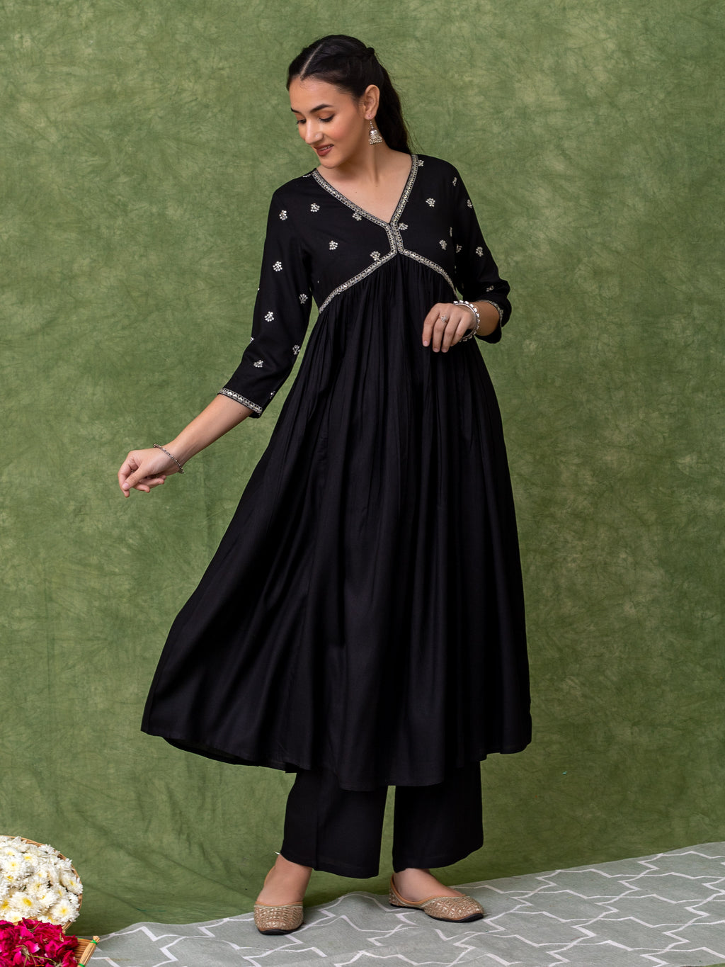 Embroidered Black Alia cut Kurta sets.