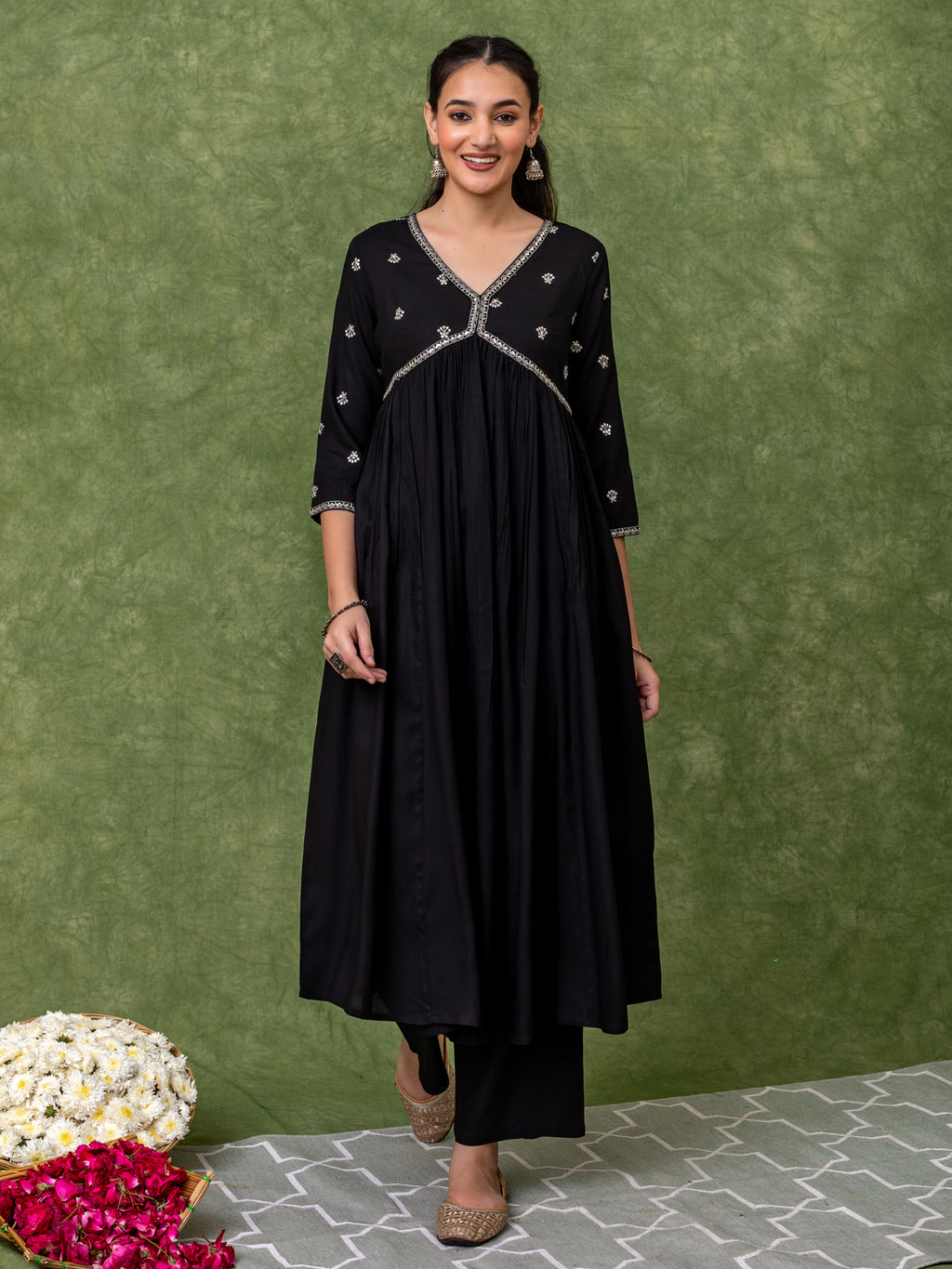 Embroidered Black Alia cut Kurta sets.